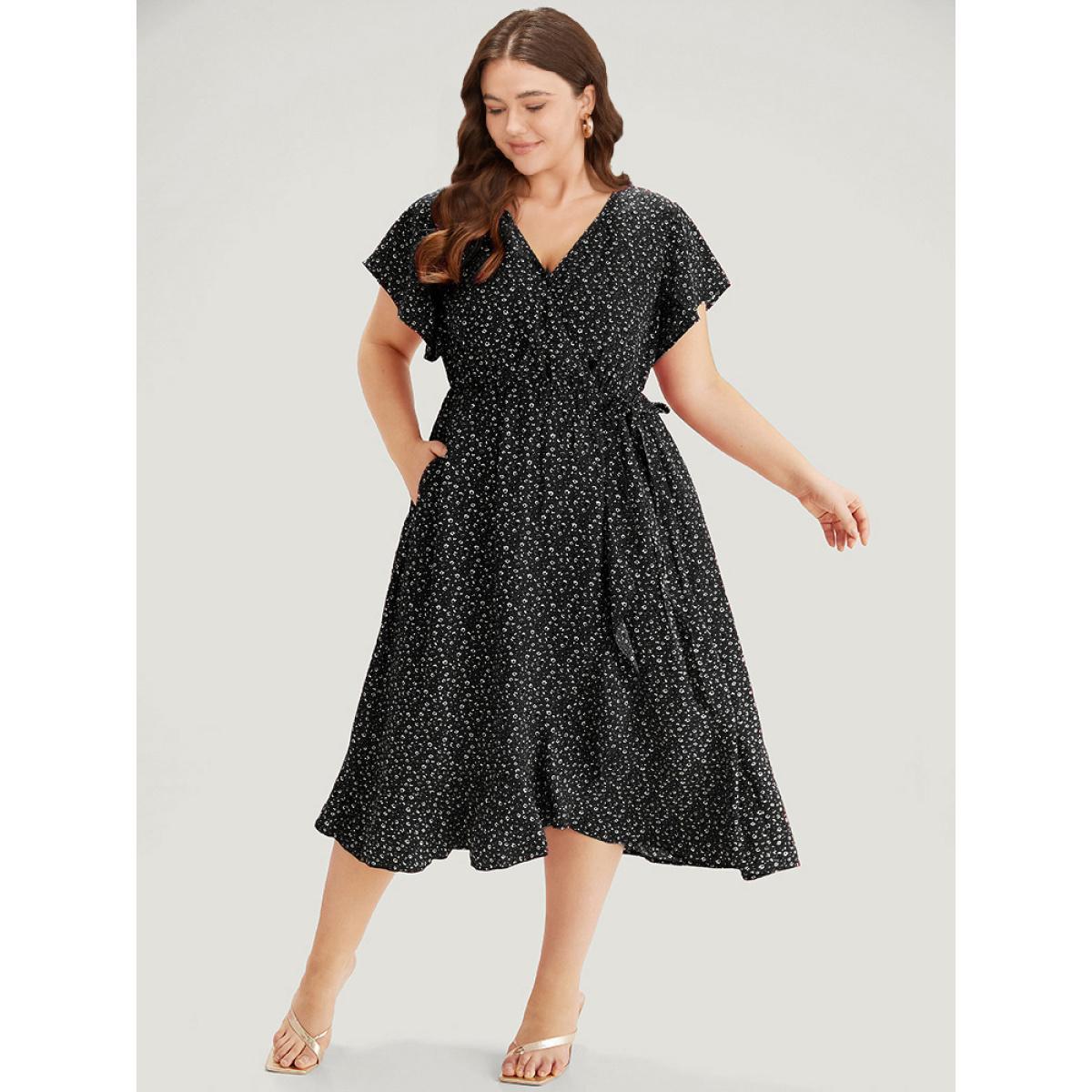 Plus Size Ditsy Floral Overlap Collar Bowknot Flutter Hem Dress Black Women Office Wrap V-neck Short sleeve Curvy Midi Dress BloomChic 10/M Product Image