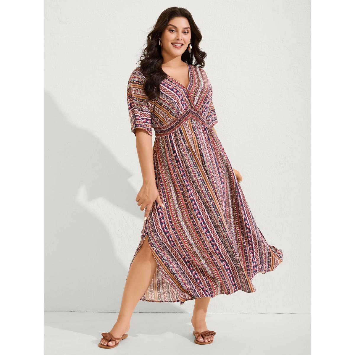Plus Size Striped Contrast Dolman Sleeve Shirred Pocket Split Flutter Dress Navy Women Resort Non V-neck Half Sleeve Curvy BloomChic 26/4X Product Image