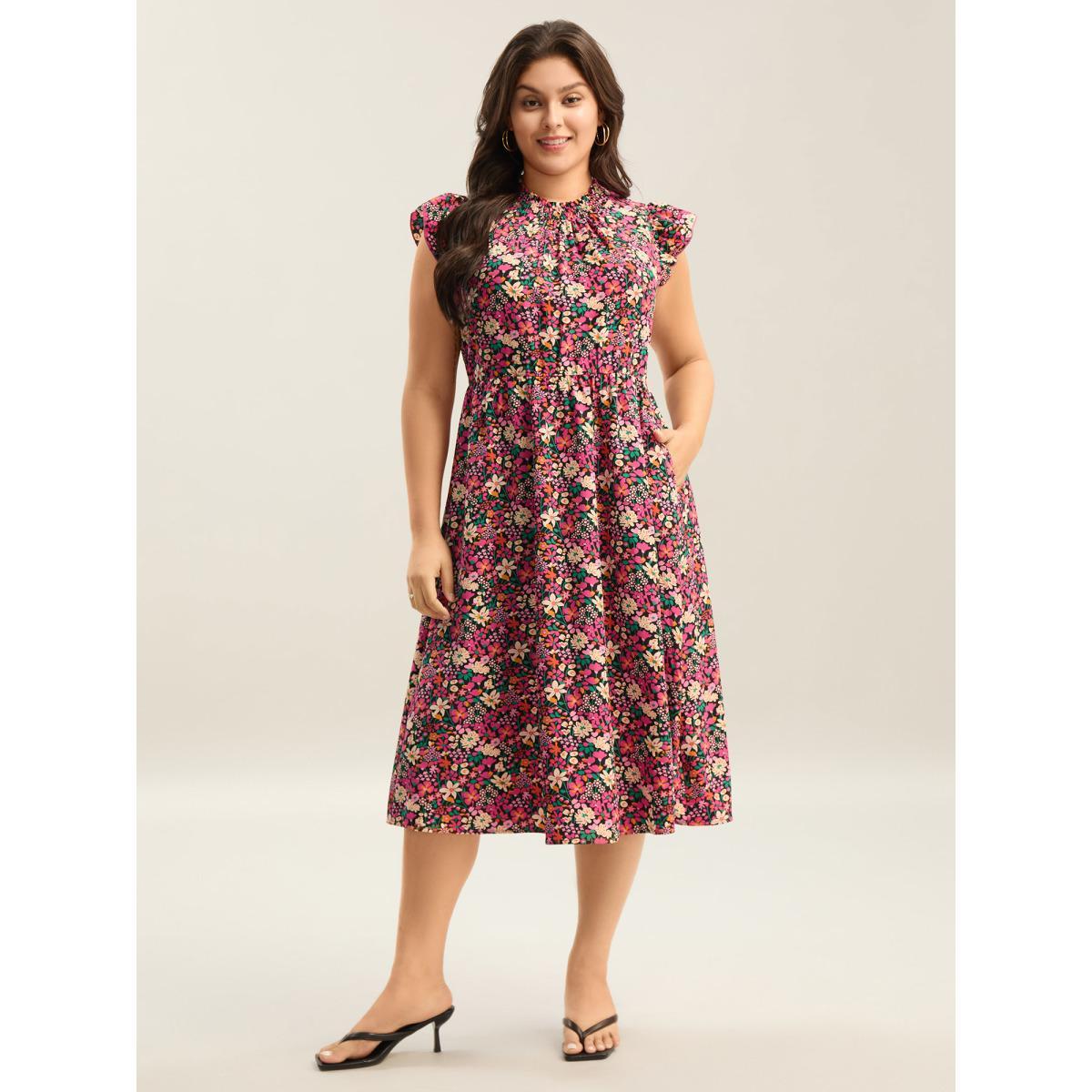 Plus Size Floral Print Shirred Pockets Midi Dress BlackFlower Women Elegant Frill Trim Mock Neck Cap Sleeve Curvy BloomChic 30/6X Product Image