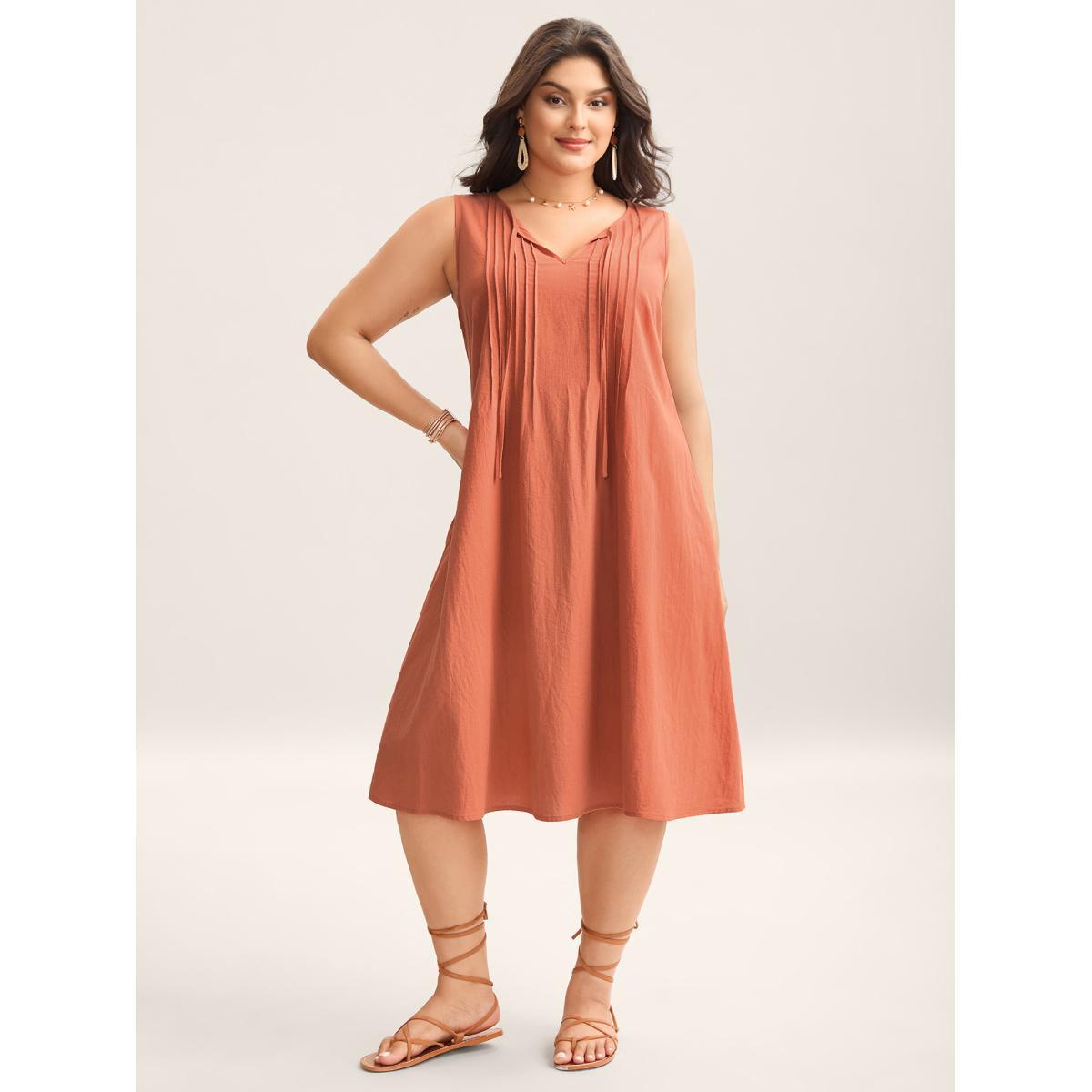 Plus Size Cotton Toothpick Pleat Plain Midi Dress Coral Women Notched collar Sleeveless Curvy BloomChic 12/L Product Image