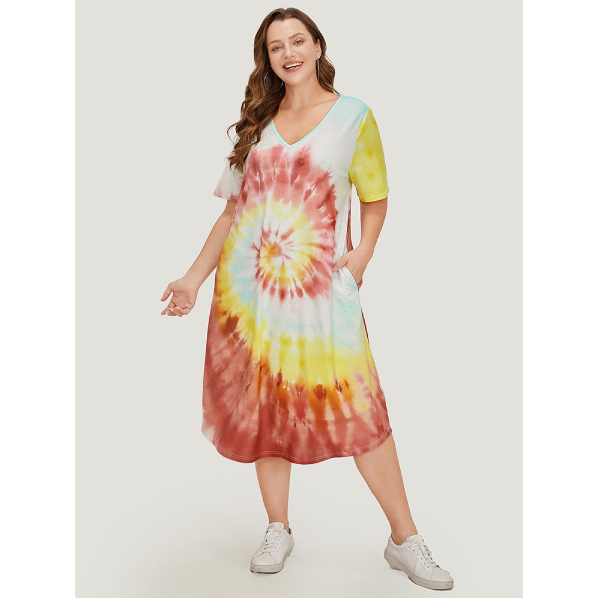 Plus Size Tie Dye Pocket Short Sleeve V Neck Midi Dress Multicolor Women Casual Printed V-neck Short sleeve Curvy Midi Dress BloomChic 28/5X Product Image