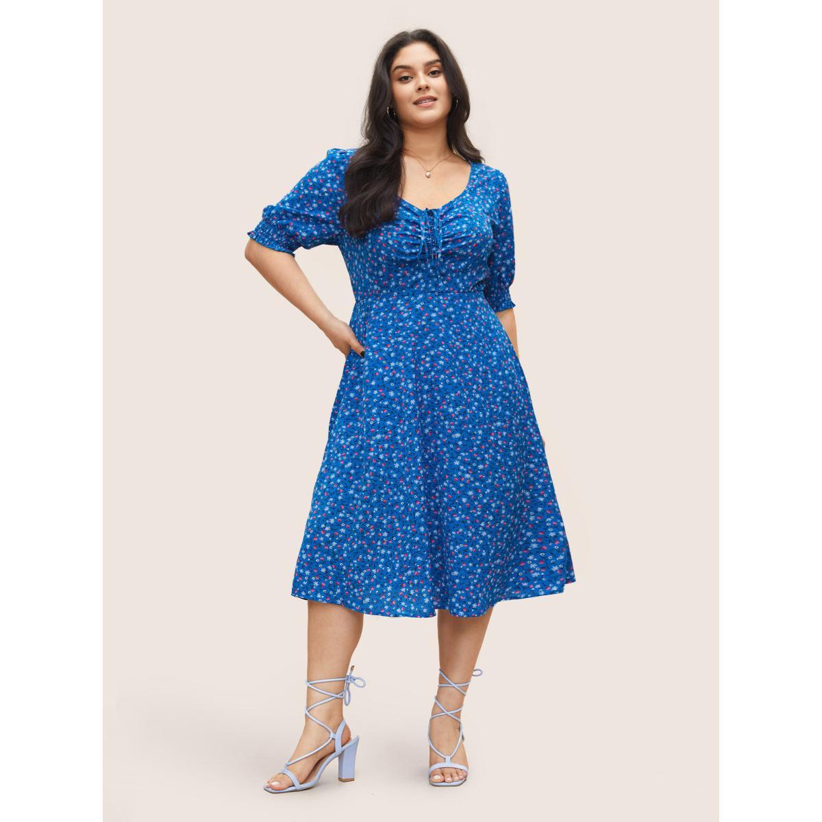 Plus Size Ditsy Floral Drawstring Shirred Cuffs Dress Blue Women Elegant Non Square Neck Half Sleeve Curvy Midi Dress BloomChic 28/5X Product Image