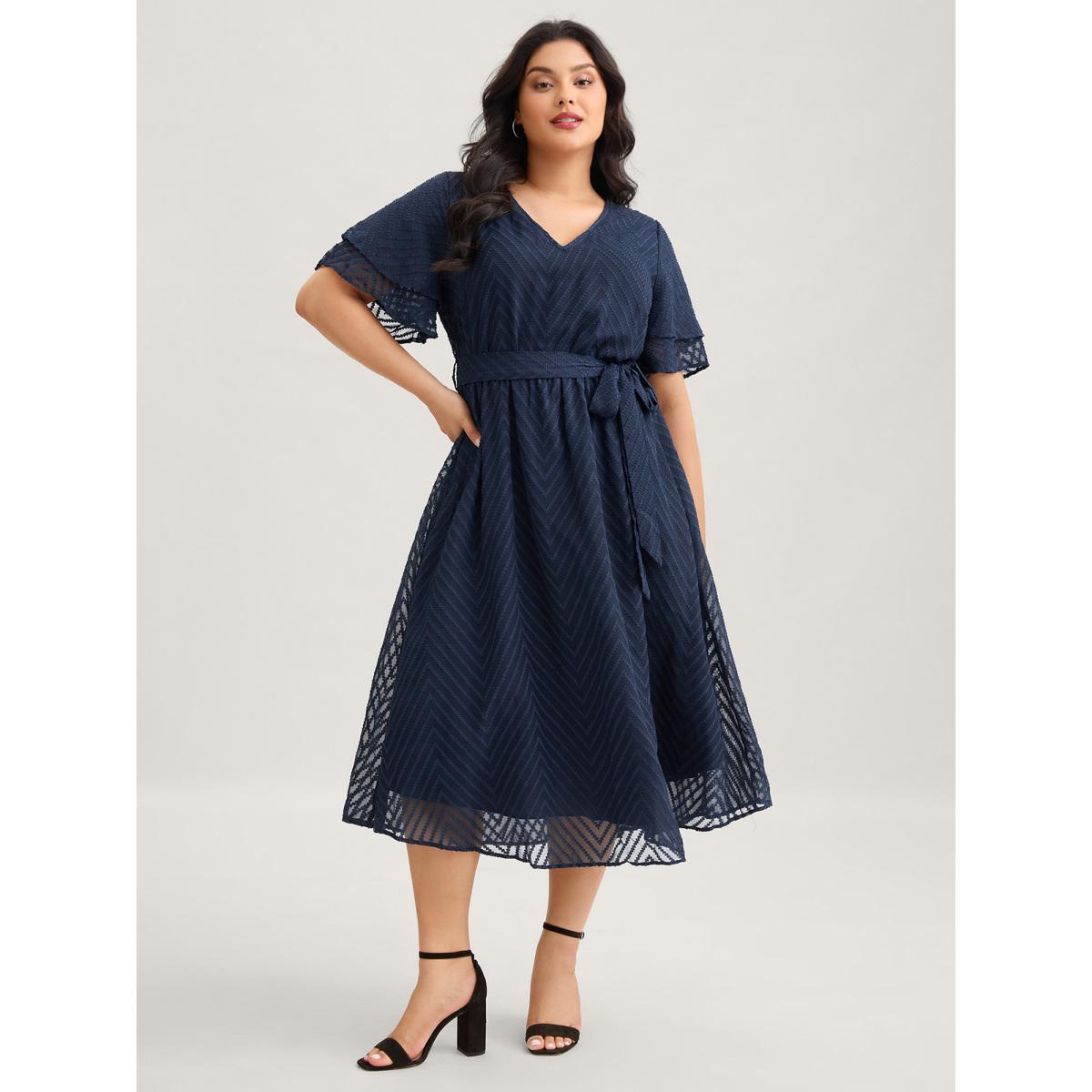 Plus Size Texture Tiered Ruffle Sleeve See Through Dress Navy Women Elegant Texture V-neck Half Sleeve Curvy BloomChic 22-24/3X Product Image
