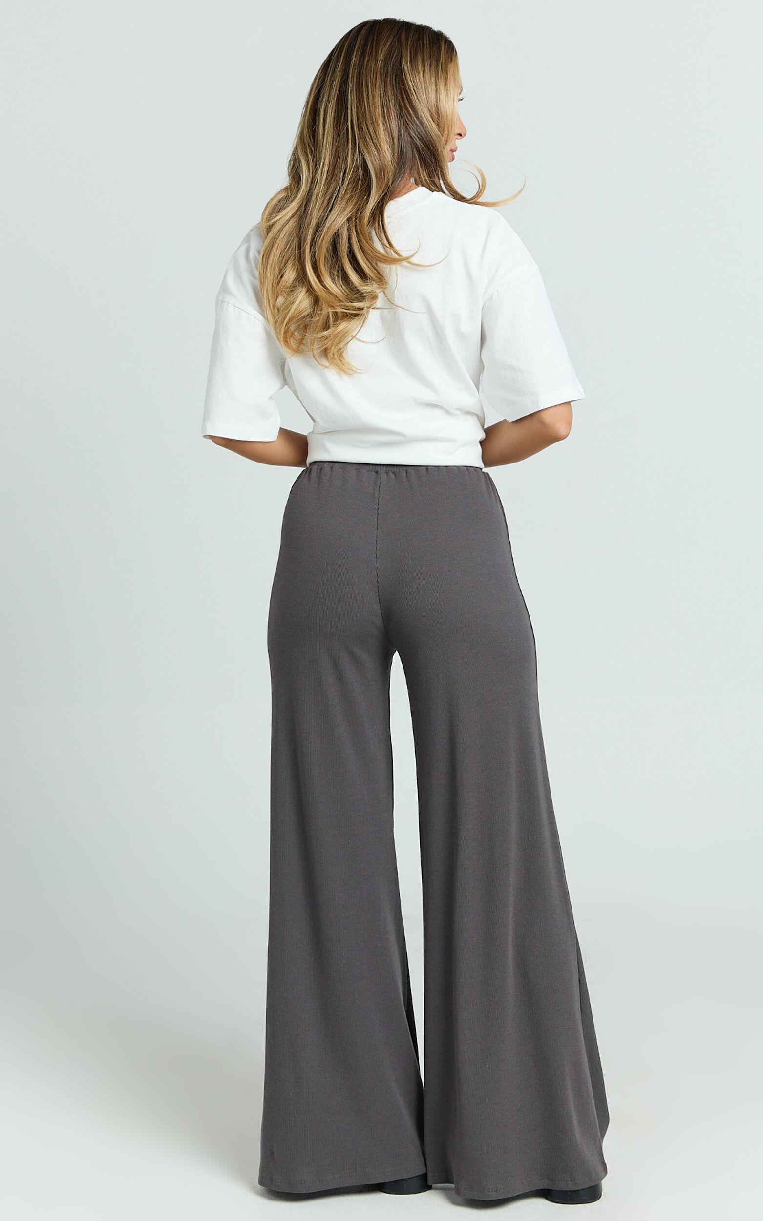 Amalthea Pants - High Waisted Jersey Rib Wide Leg Pants in Charcoal Product Image