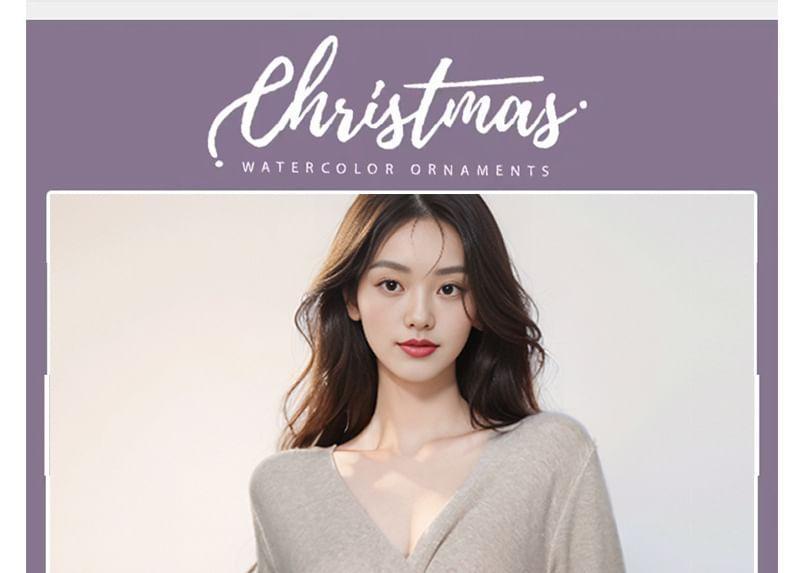 Long Sleeve V-Neck Plain Twist Front Knit Midi A-Line Dress Product Image