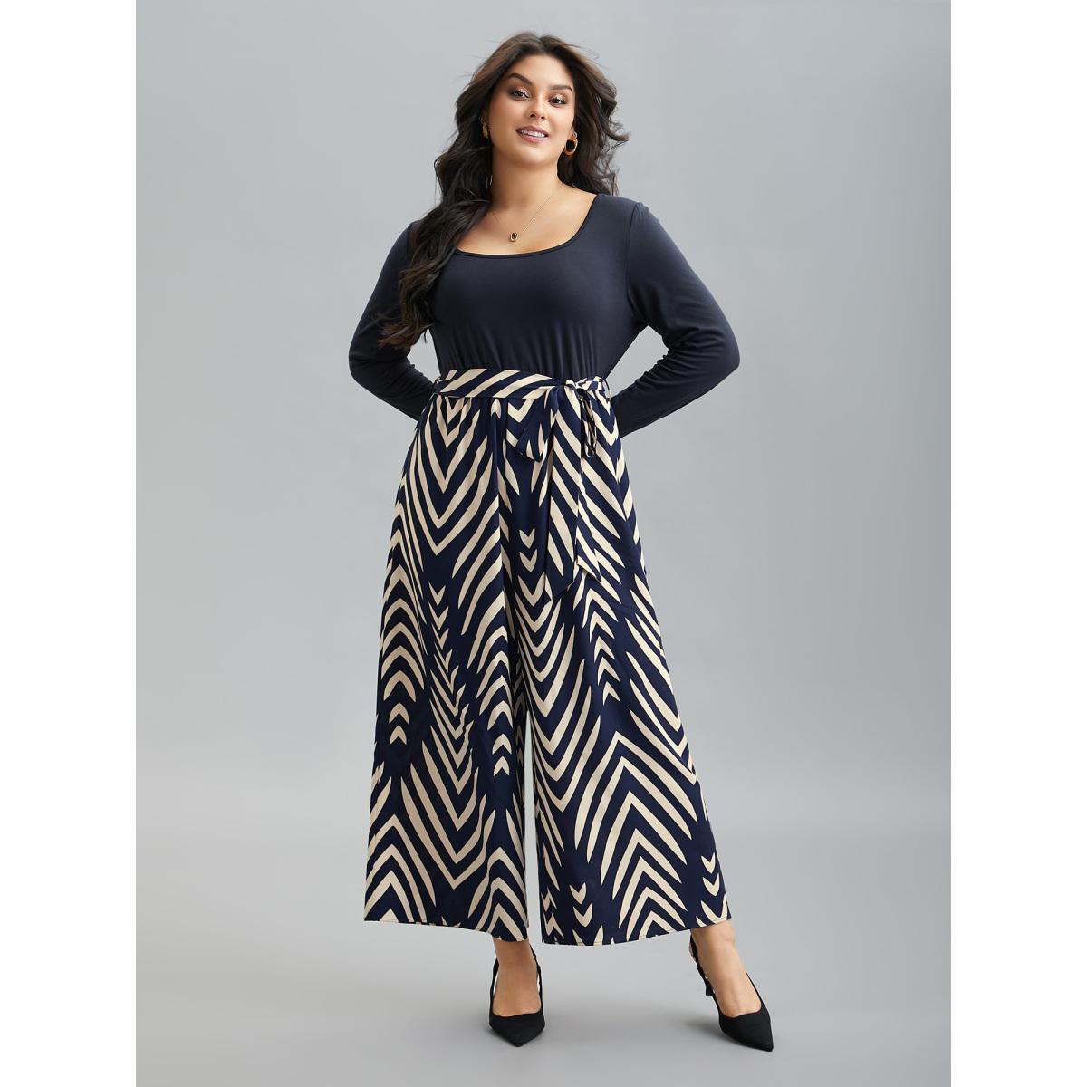 Plus Size DarkBlue Supersoft Geometric Block Stretchy-Waist Jumpsuit Women Elegant Long Sleeve Square Neck Everyday-Elegant Loose Jumpsuits BloomChic 18-20/2X Product Image