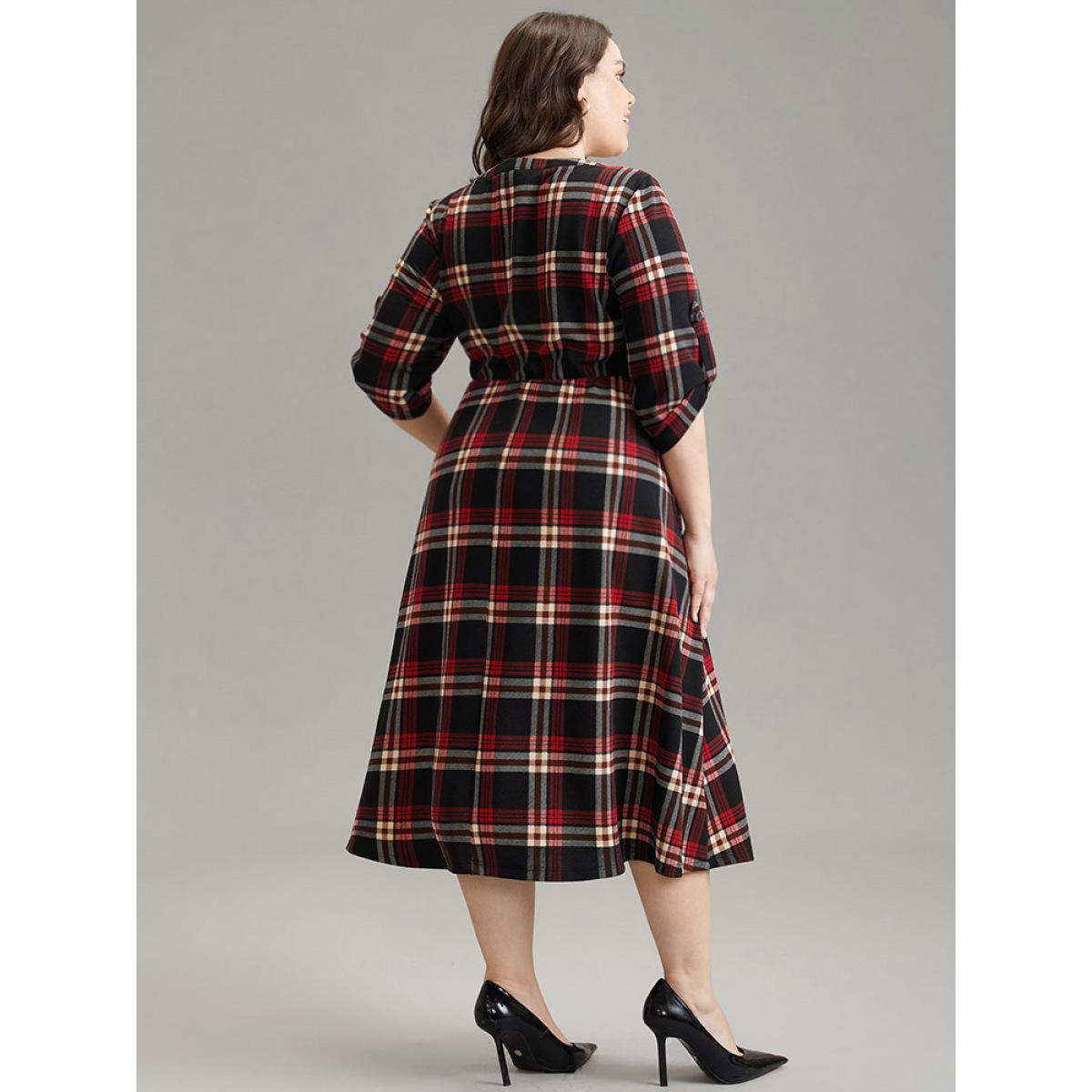 Plus Size Plaid Notched Elastic Waist Tab Sleeve Dress Raspberry Women Office Printed Notched collar Elbow-length sleeve Curvy Midi Dress BloomChic 30/6X Product Image