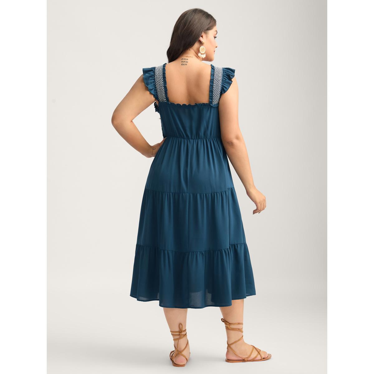 Plus Size Fancy Shirred Flutter Tiered Pockets Midi Dress Aegean Women Gathered Square Neck Sleeveless Curvy BloomChic 14-16/1X Product Image