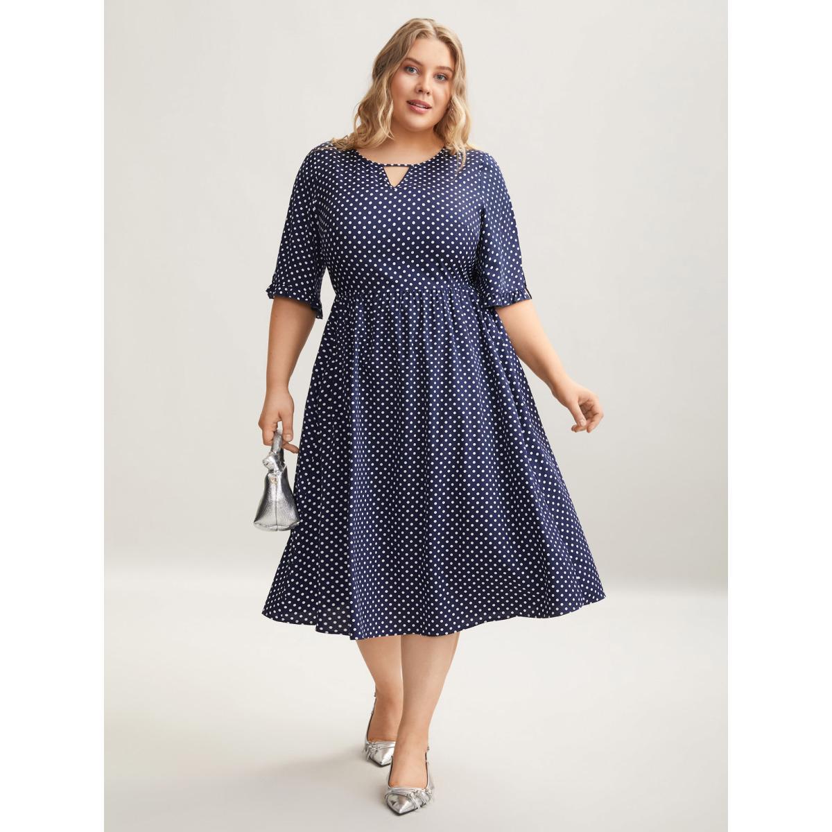 Plus Size Polka Dot Print Slit Sleeve Pockets Midi Dress Midnight Women At the Office Cut-Out Flat collar with V-notch Short sleeve Curvy BloomChic 12/L Product Image