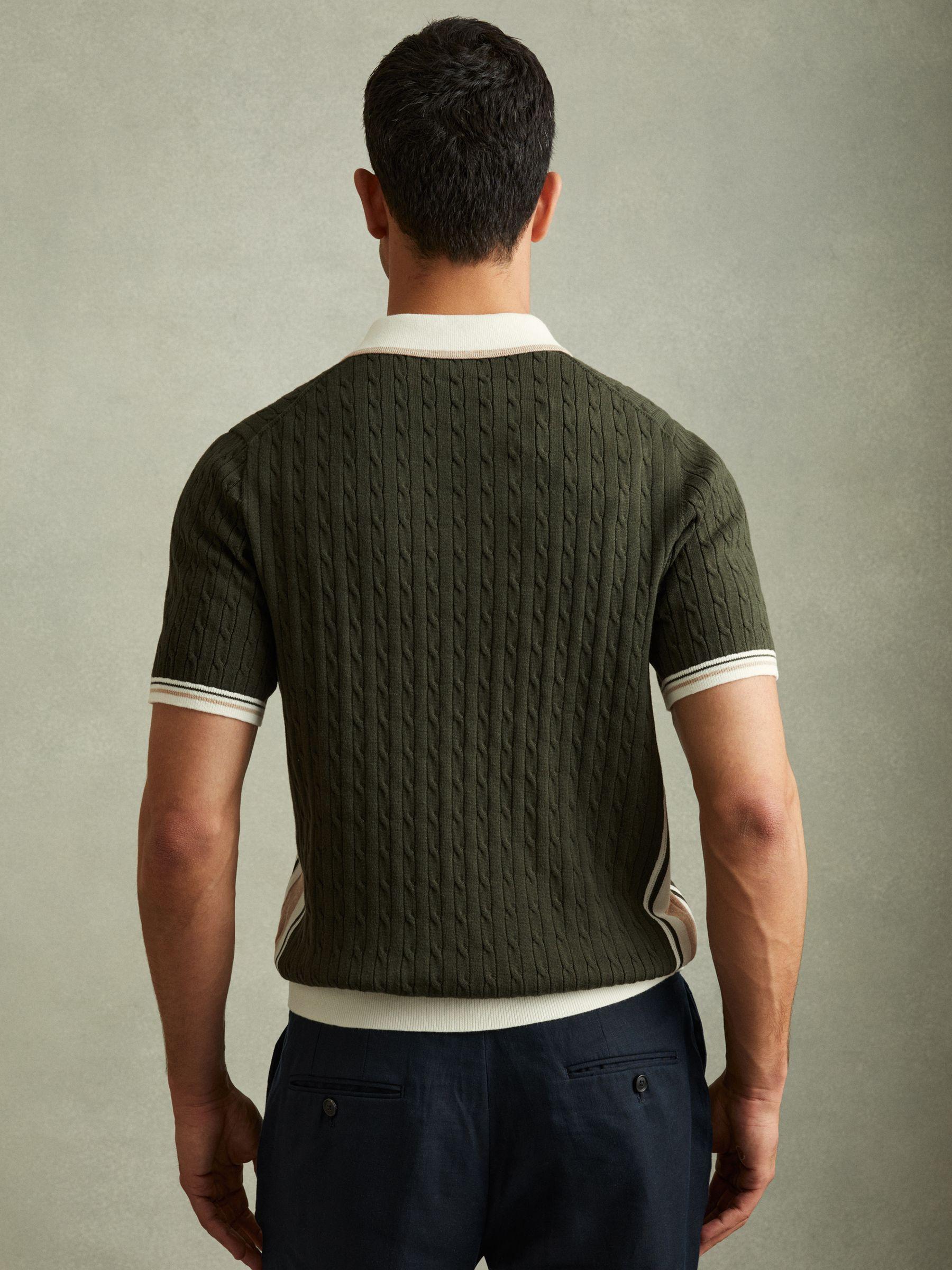 Cotton Blend Cable Knit Half-Zip Polo Shirt in Khaki Green/Off White/Camel Product Image