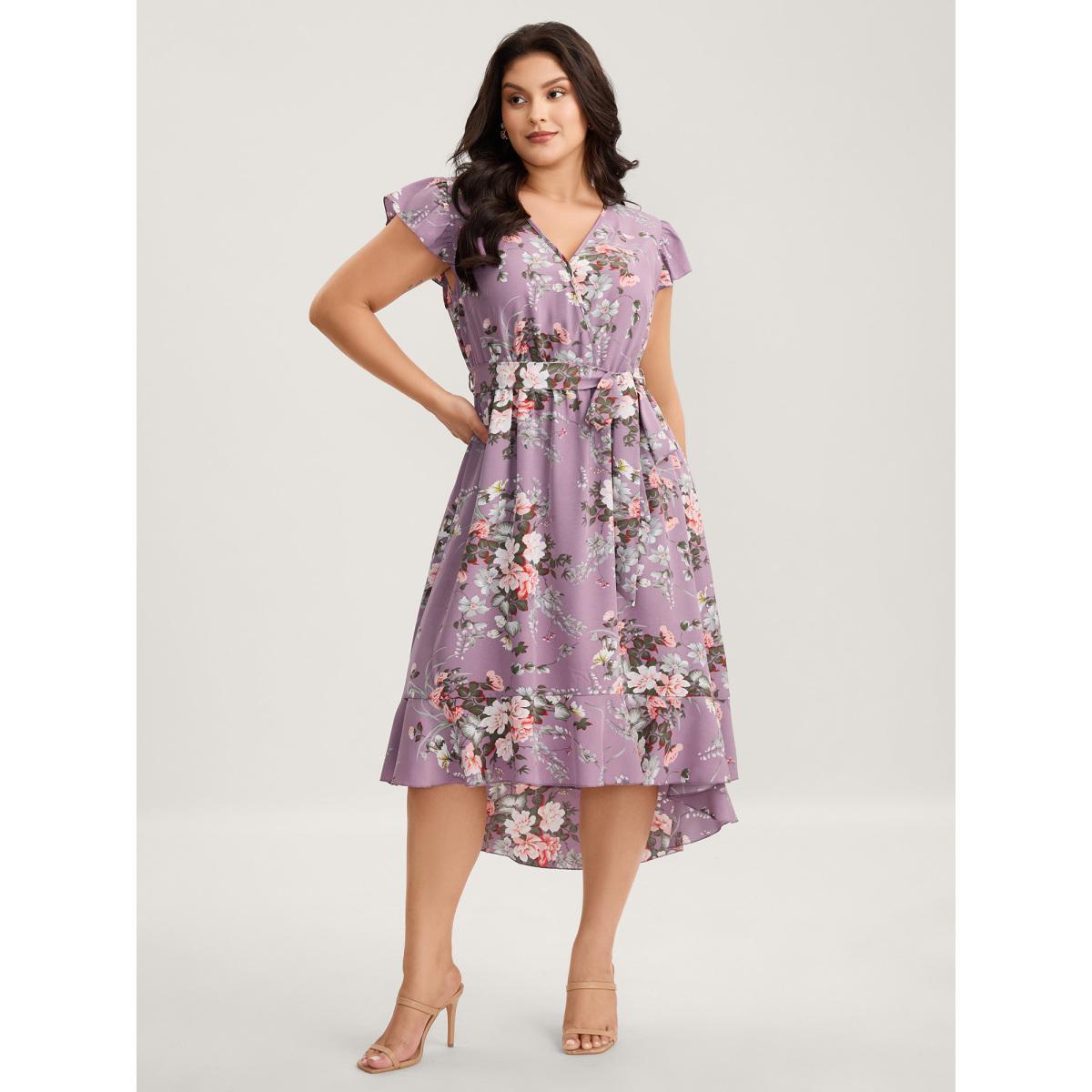 Plus Size Midnight Blooms Wrap A-Line Midi Dress Mauve Women Overlap Collar Cap Sleeve Curvy BloomChic 18-20/2X Product Image
