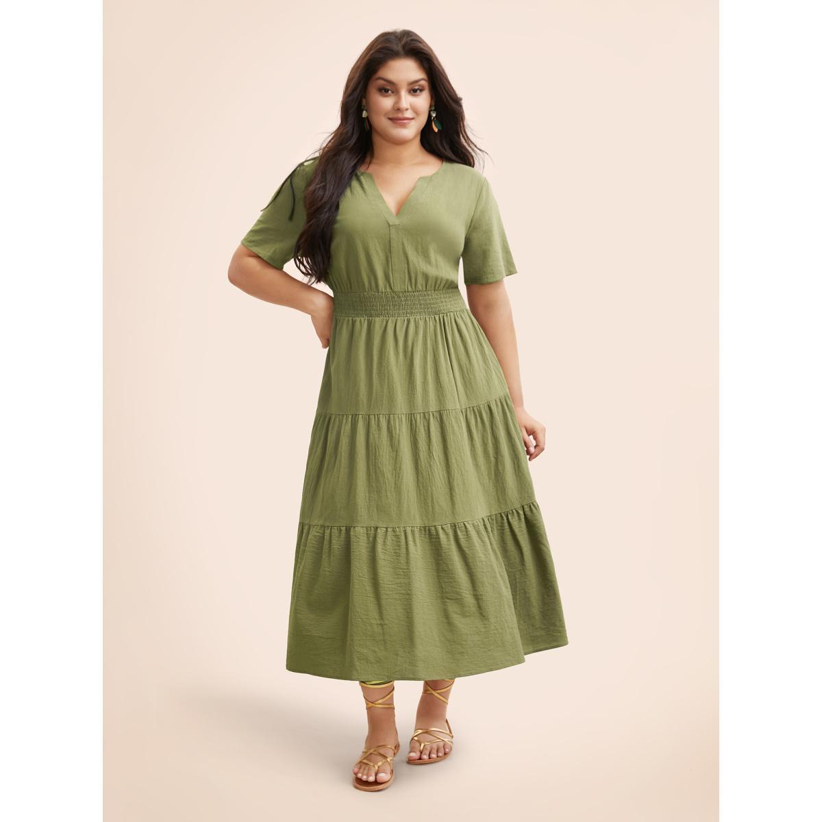 Plus Size Notched Shirred Ruffle Layered Hem Dress Olive Women Elegant Shirred Flat collar with V-notch Short sleeve Curvy BloomChic 10/M Product Image