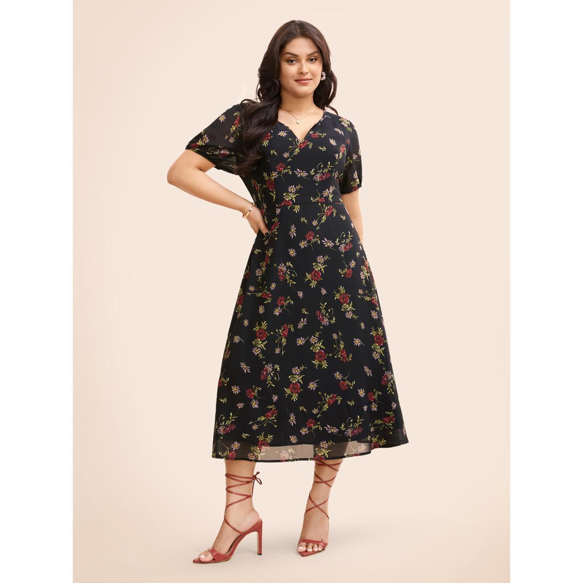 Plus Size Floral Notched Chiffon Mesh Midi Dress Black Women Elegant See through Notched collar Short sleeve Curvy BloomChic 10/M Product Image