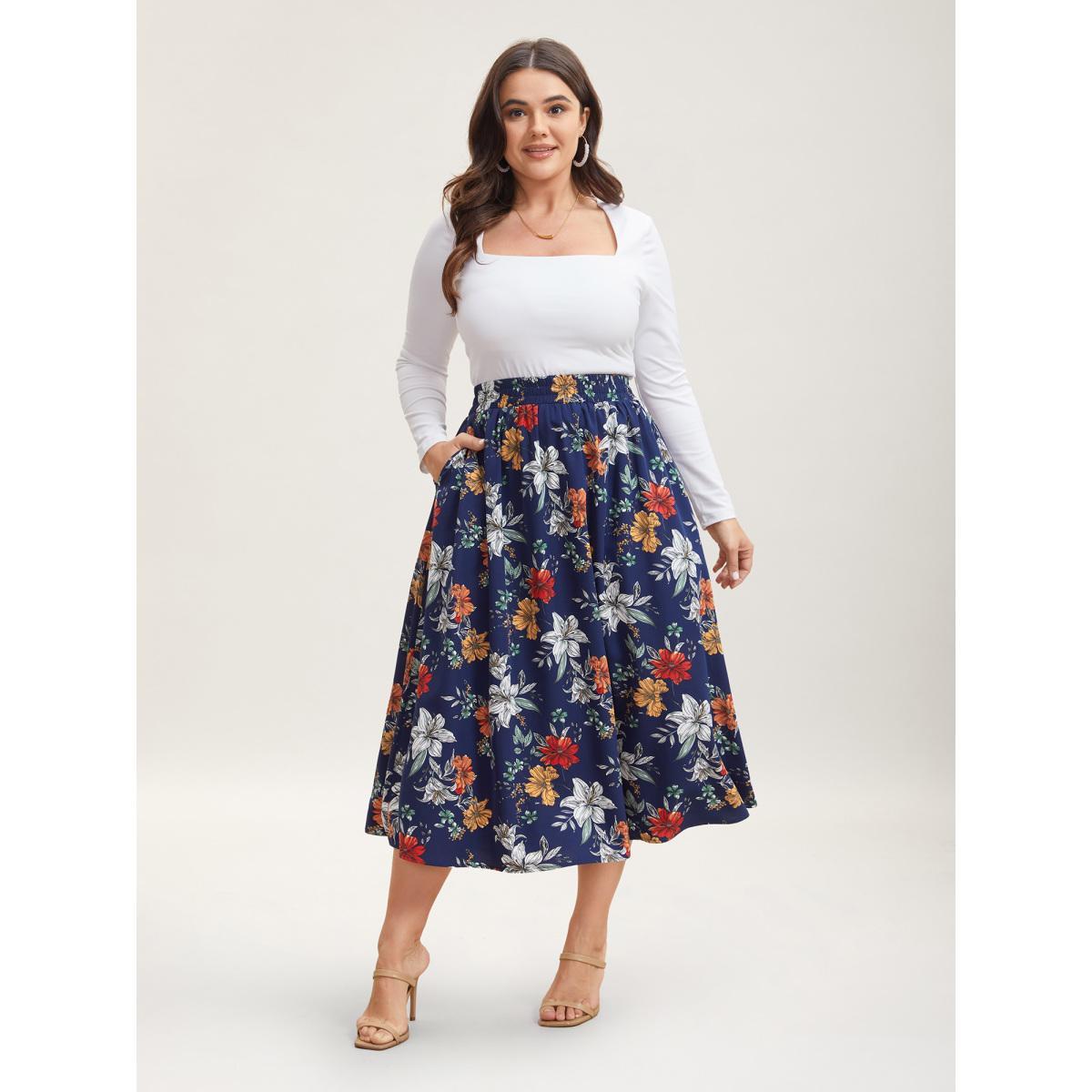 Plus Size Floral Print Drawstring Pleated Midi Skirt Women DarkBlue Elegant Bodycon Low stretch Slanted pocket Everyday Skirts BloomChic 18-20/2X Product Image