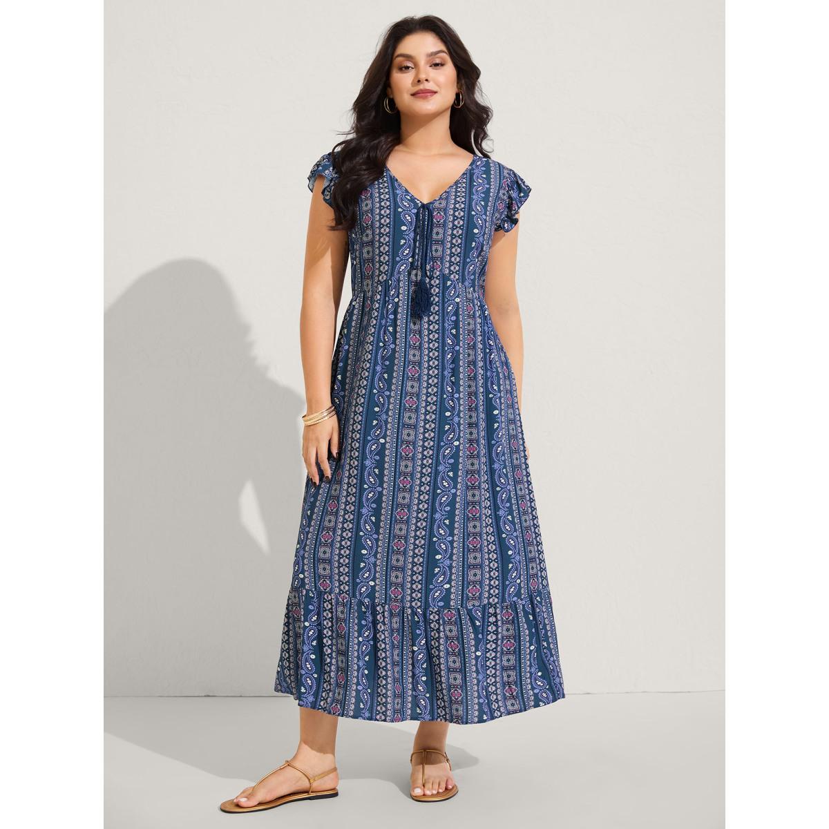 Plus Size Boho Stripes High Waisted Midi Dress DarkBlue Women V-neck Sleeveless Curvy BloomChic 26/4X Product Image