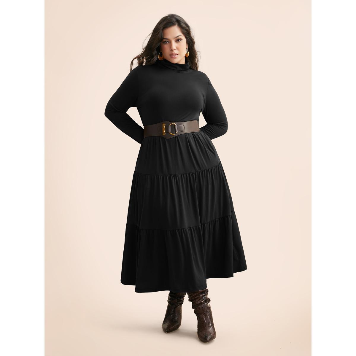 Plus Size Supersoft Essentials Funnel Neck Tiered Midi Dress Pureblack Women Casual Ruffles Mock Neck Long Sleeve Curvy BloomChic 28/5X Product Image