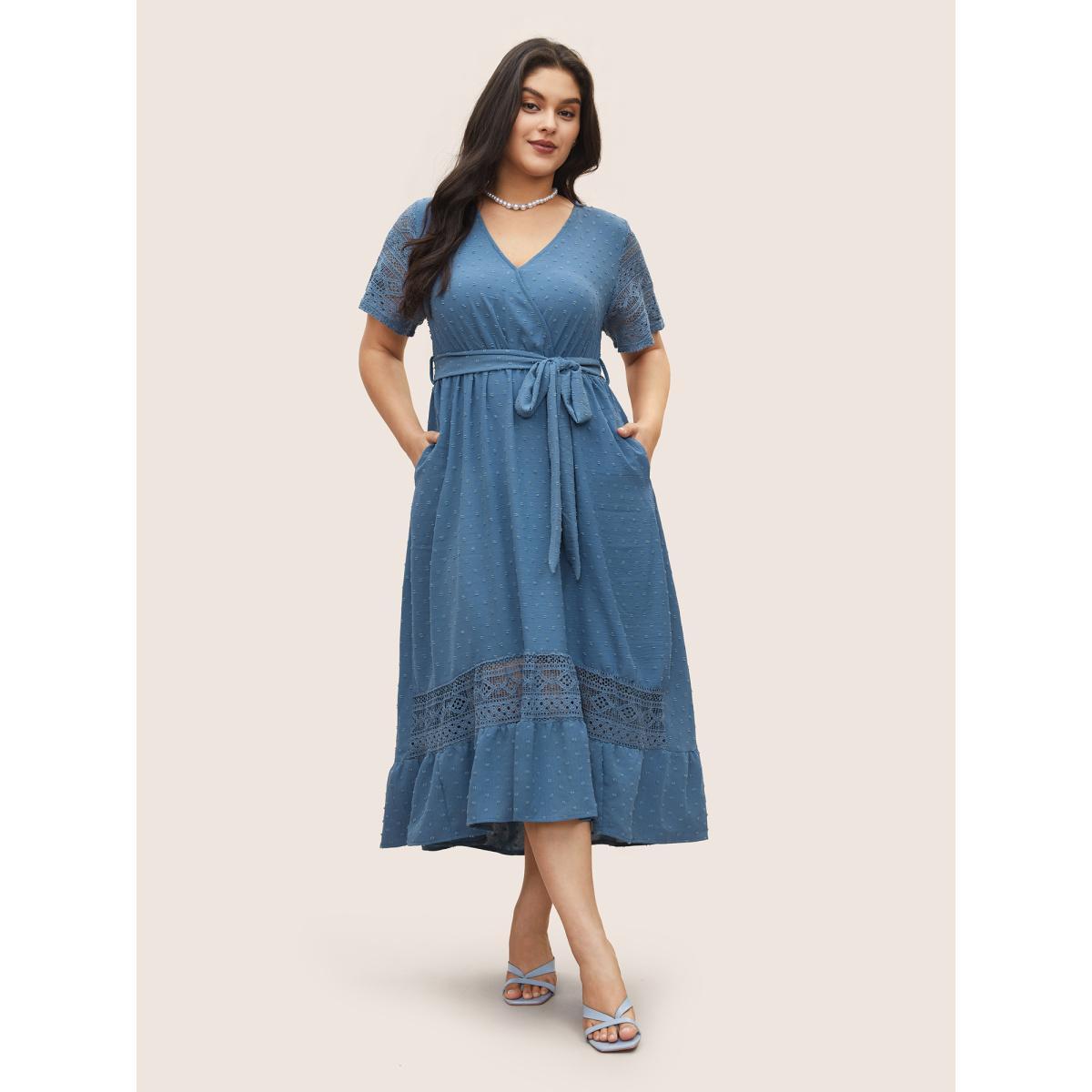 Strappy Elegance Flutter Patchwork Plus Size Dress Women Plain Mint Ruffle Sleeve Short Sleeve V Neck Pocket Belt Dailywear Long Dress BloomChic Product Image