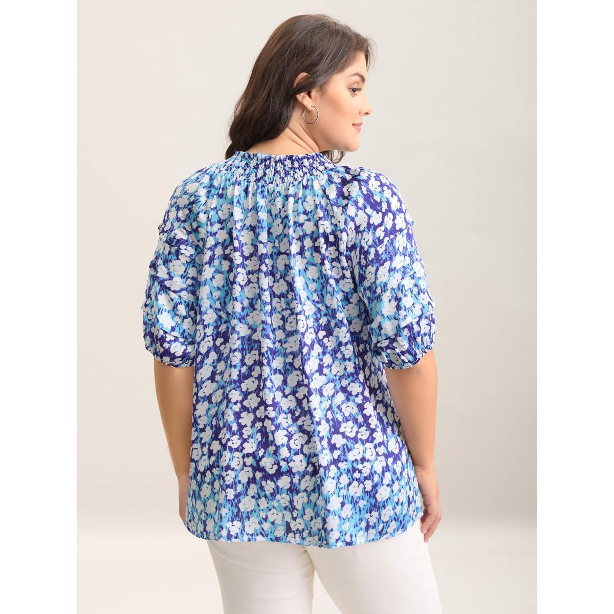 Plus Size Multicolor Cloud Print Shirred Collar Tiered Sleeve Blouse Women Half Sleeve Notched collar Everyday-Elegant Blouses BloomChic 18-20/2X Product Image
