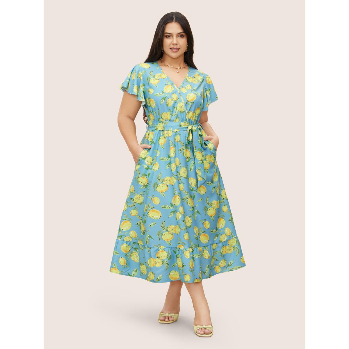 Plus Size Citrus Lemon Print Ruffle Cap Sleeve Belted Dress Blue Women Elegant Belted V-neck Cap Sleeve Curvy Midi Dress BloomChic 10/M Product Image