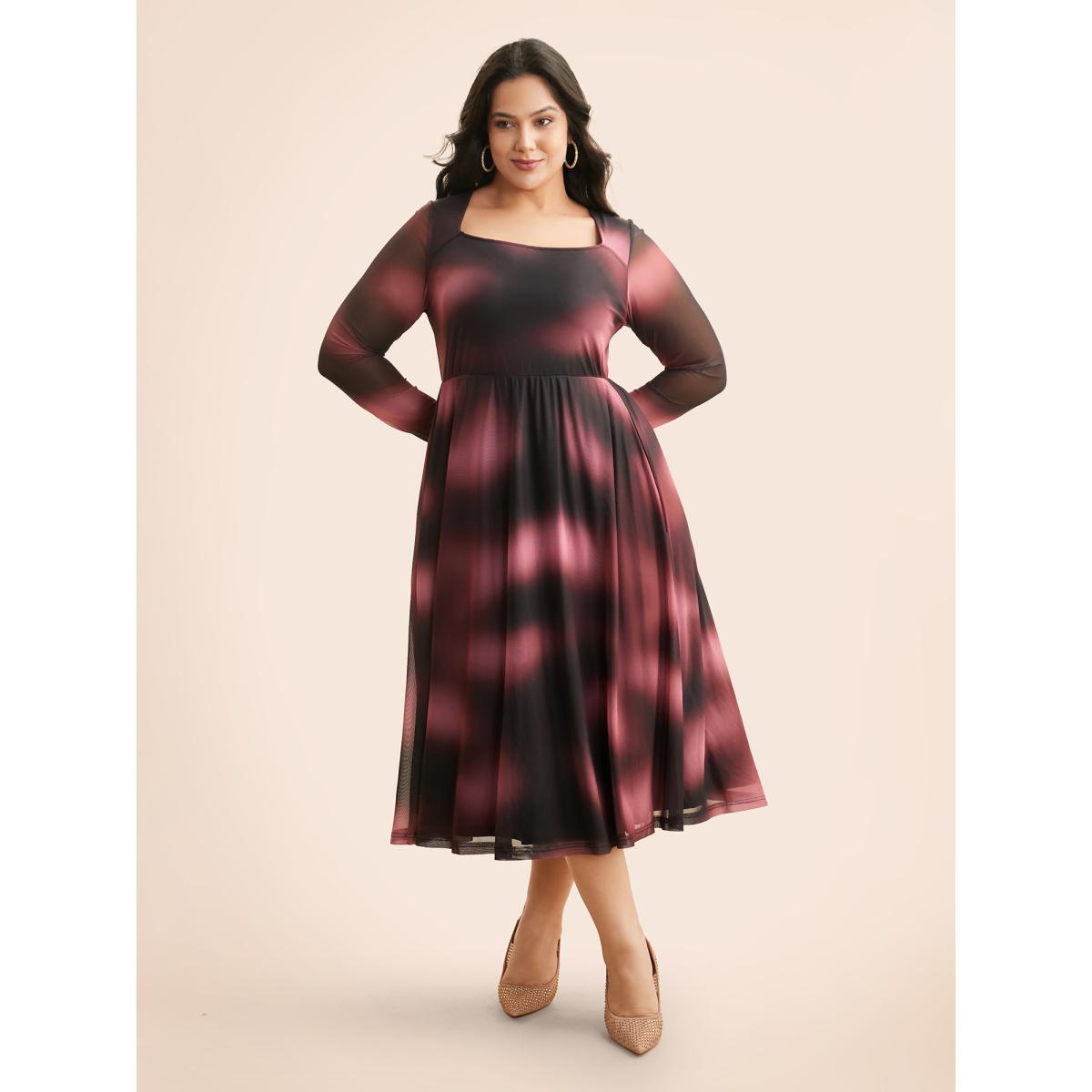 Plus Size Square Neck Gradient Dyeing Mesh Dress Eggplant Women Cocktail Texture Party Curvy Bloomchic 12/L Product Image
