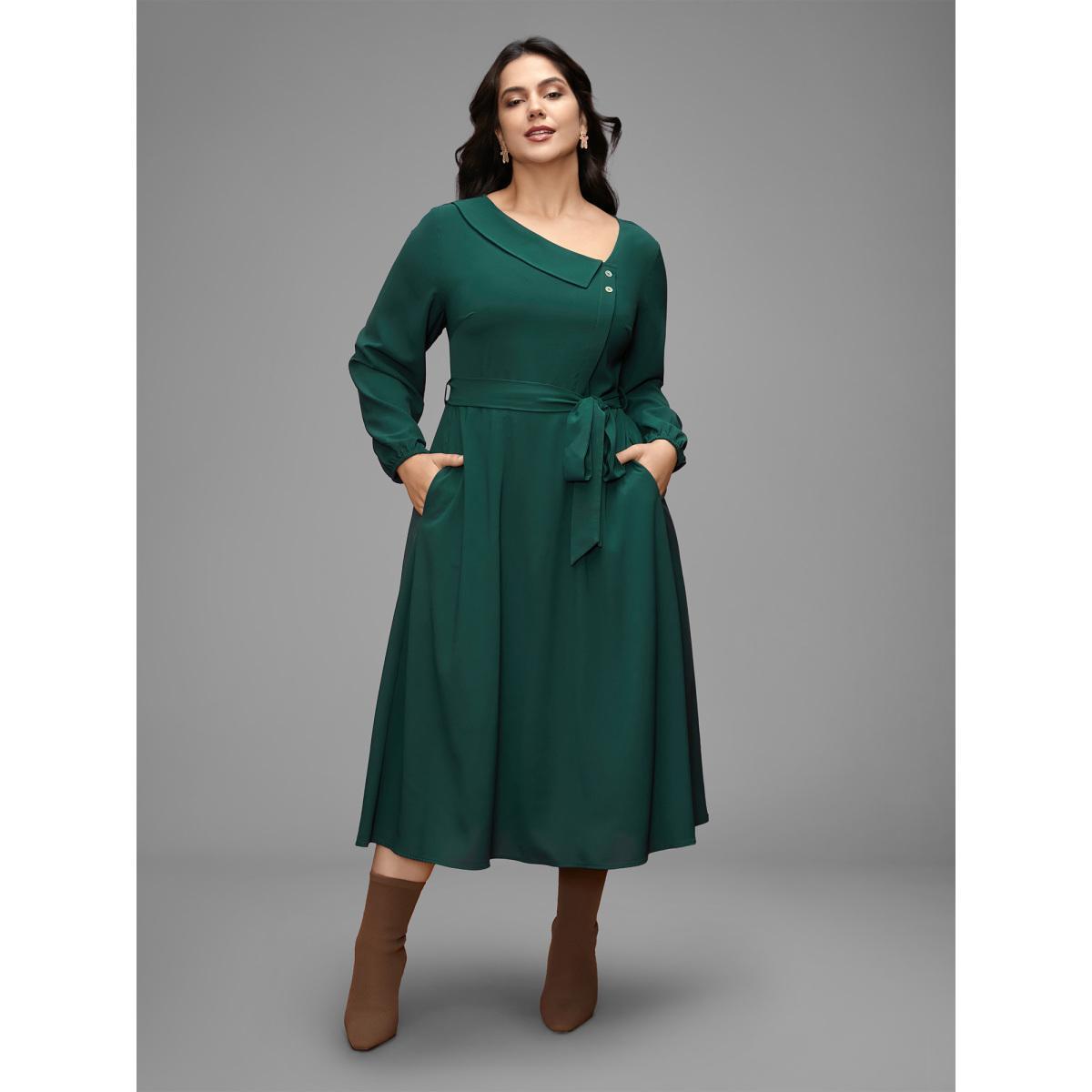 Plus Size Asymmetrical Neckline Waist-Tie Midi Dress DarkSlateGray Women Elegant Belted Party Curvy Bloomchic 30/6X Product Image