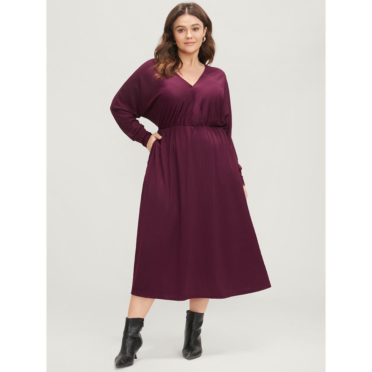 Plus Size Solid Dolman Sleeve Pocket Rib Knit Wrap Dress Burgundy Women Elegant Wrap V-neck Long Sleeve Curvy Midi Dress BloomChic 30/6X Product Image