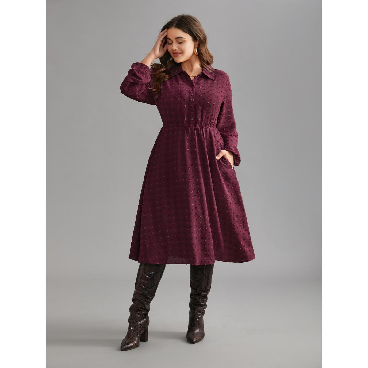 Plus Size Textured Shirt Collar Button Front Midi Dress Burgundy Women Elegant Texture Shirt collar Long Sleeve Curvy BloomChic 28/5X Product Image