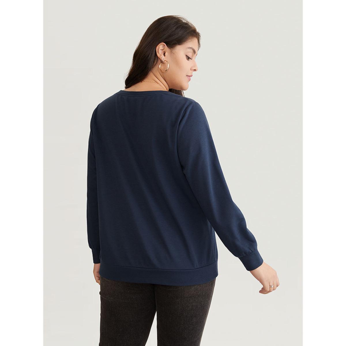 Plus Size Solid Heart Sequin V Neck Sweatshirt Women Indigo Elegant Sequin V-neck Dailywear Sweatshirts BloomChic 10/M Product Image