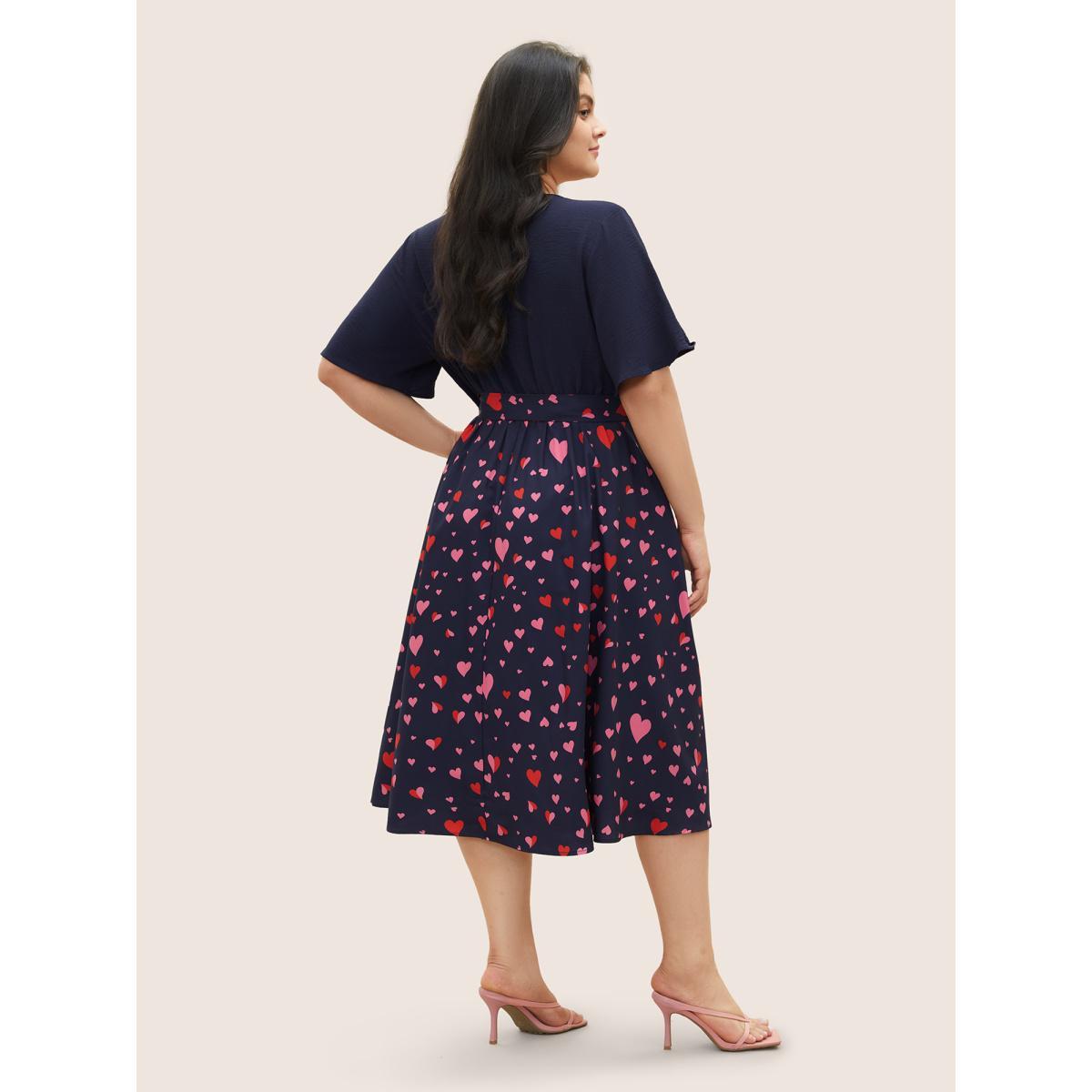 Plus Size Heart Print Patchwork Belted Wrap Dress DarkBlue Women Elegant Wrap Overlap Collar Half Sleeve Curvy Midi Dress BloomChic 22-24/3X Product Image