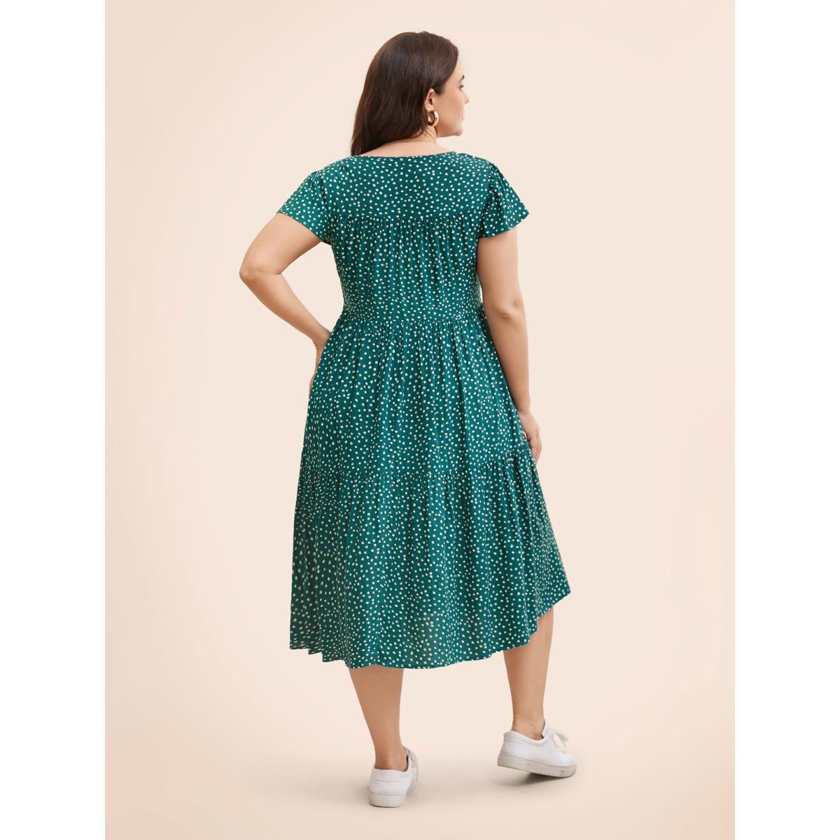Plus Size Polka Dot Pocket Cap Sleeve Gathered Layered Dress Cyan Women Casual Gathered Round Neck Cap Sleeve Curvy Midi Dress BloomChic 26/4X Product Image