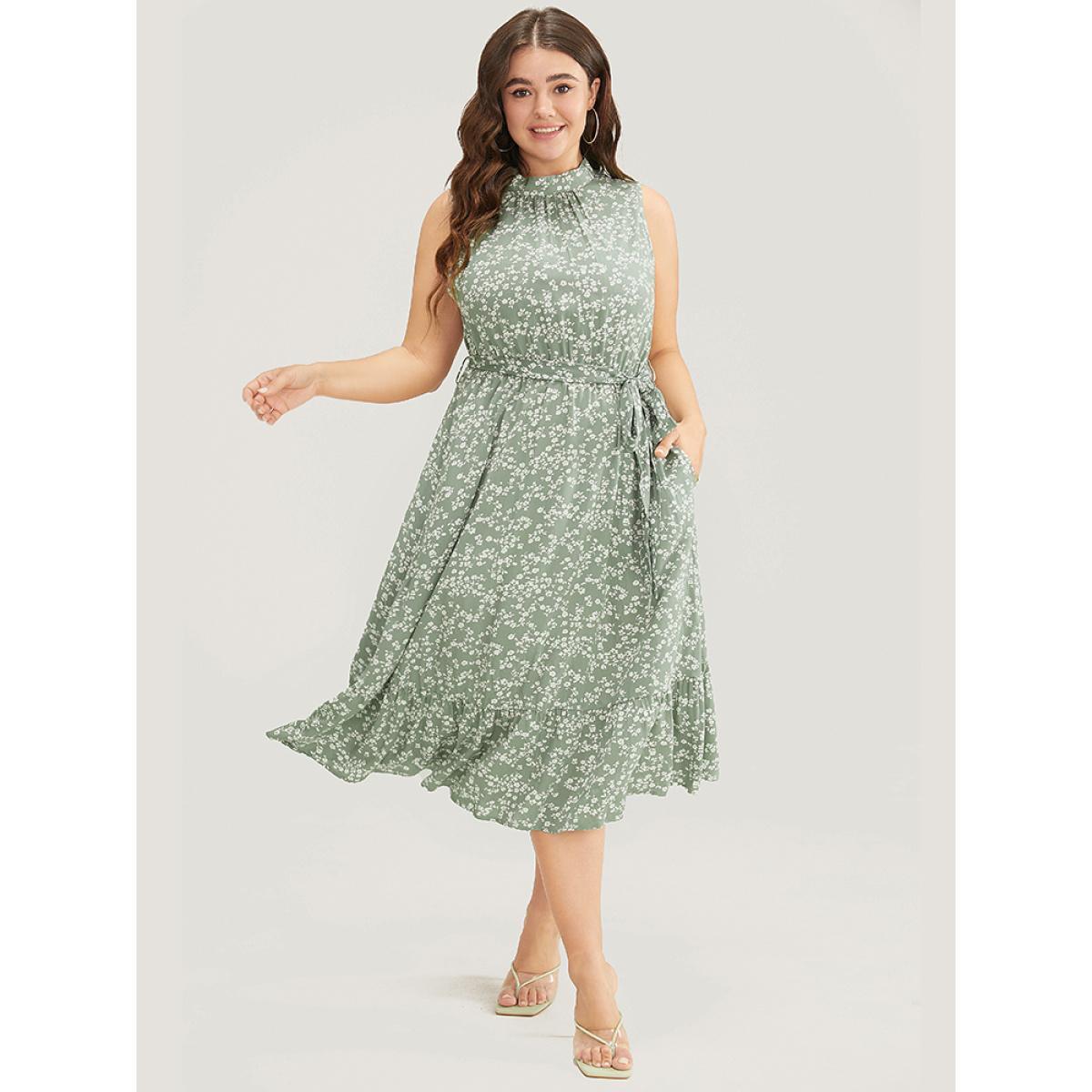 Plus Size Ditsy Floral Keyhole Pocket Belted Mock Neck Ruffles Dress Sage Women Elegant Pocket Mock Neck Sleeveless Curvy Midi Dress BloomChic 28/5X Product Image