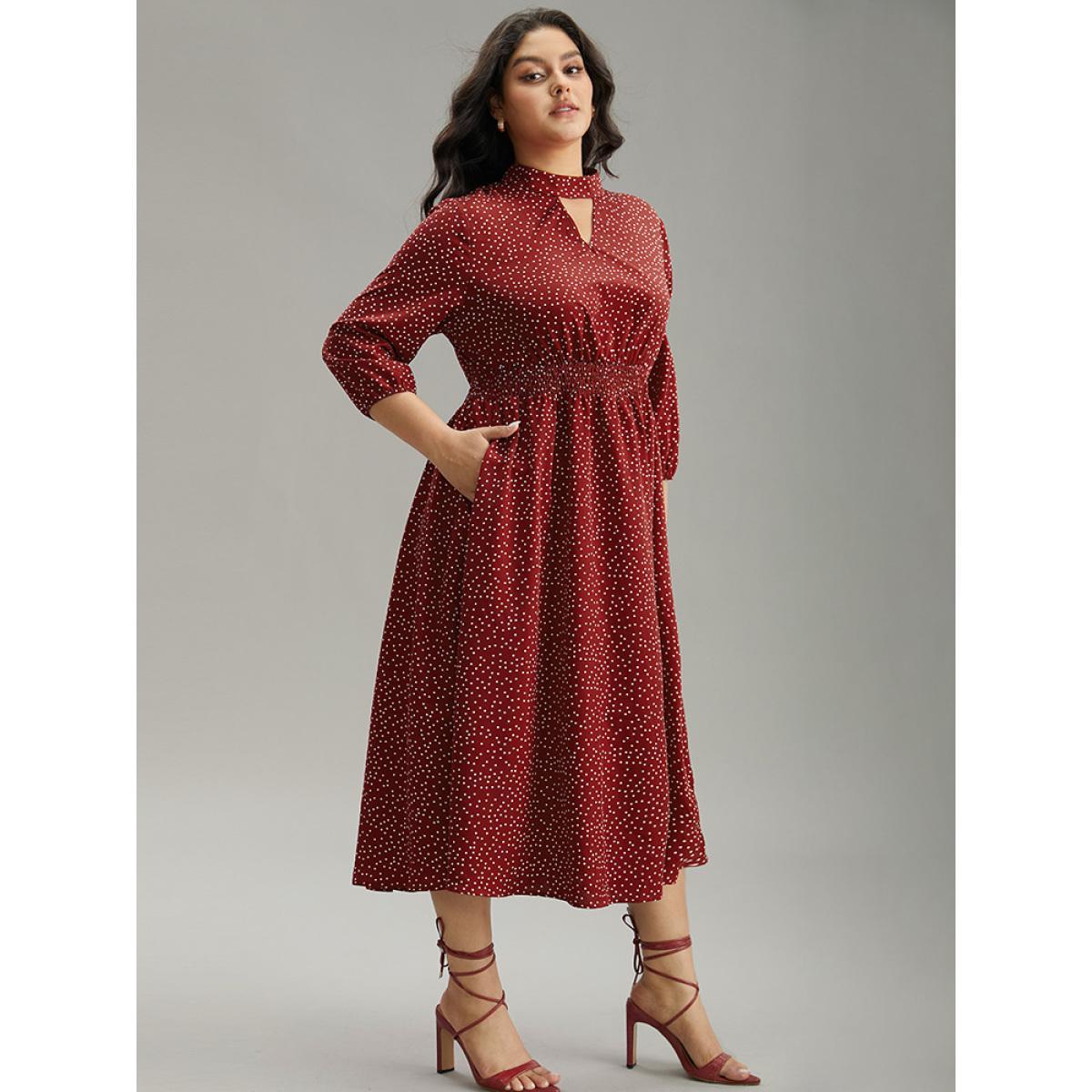 Plus Size Polka Dot Keyhole Pocket Mock Neck Dress Scarlet Women Elegant Elastic cuffs Mock Neck Elbow-length sleeve Curvy Midi Dress BloomChic 12/L Product Image