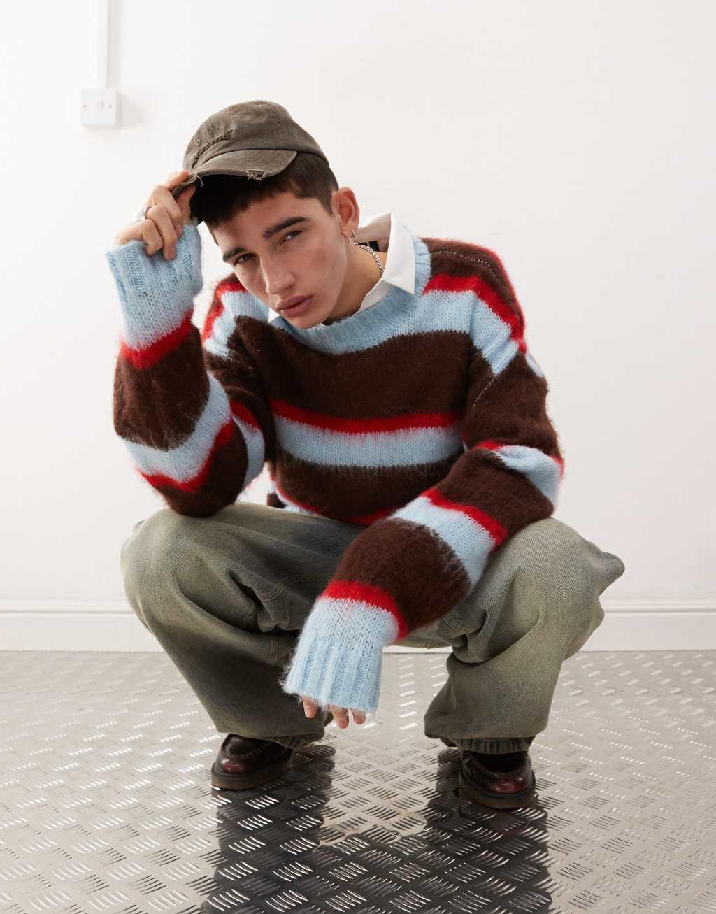 COLLUSION brushed oversized crew neck sweater in blue stripe Product Image