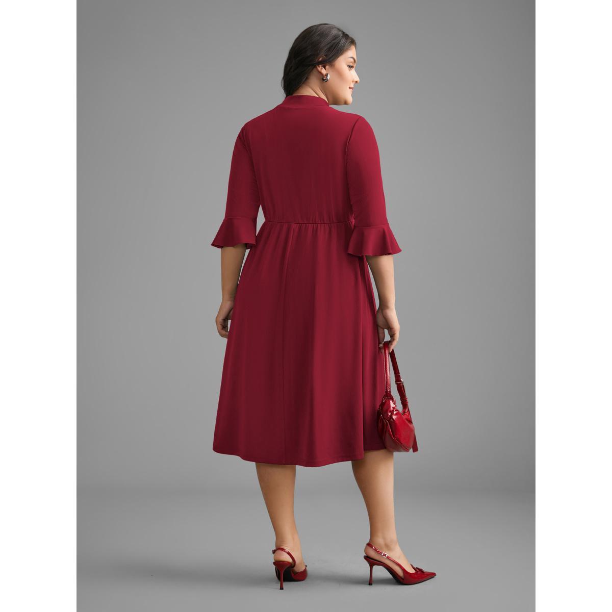 Plus Size Mock Neck Flutter Sleeve Knit Dress Scarlet Women At the Office Ruffles Knit Dresses Bloomchic 12/L Product Image