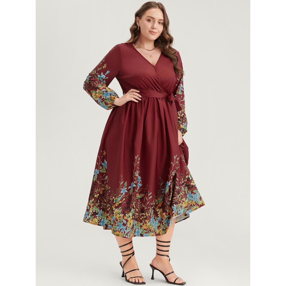 Floral Belt Boho Plus Size Women Vacation Dress Bohemian Print Scarlet Printed Lantern Sleeve Long Sleeve V Neck Dailywear Midi Dress Dresses BloomChic Product Image