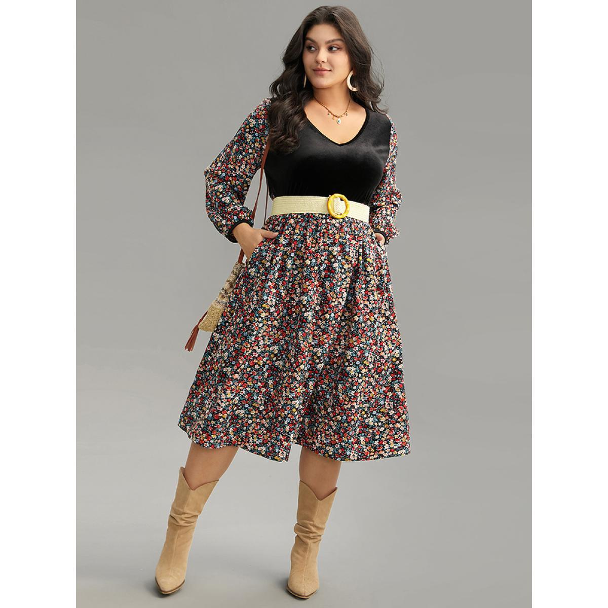 Plus Size Ditsy Floral Velvet Patchwork Lantern Sleeve Dress Multicolor Women Vacation Elastic cuffs V-neck Long Sleeve Curvy Midi Dress BloomChic 10/M Product Image