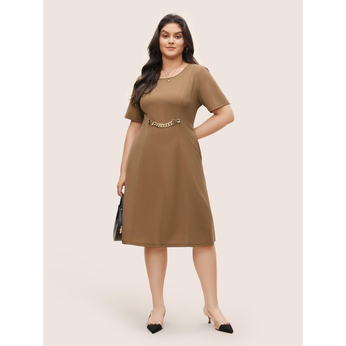 Plus Size Round Neck Metal Chain Detail Dress Tan Women At the Office Non Round Neck Short sleeve Curvy Midi Dress BloomChic 28/5X Product Image