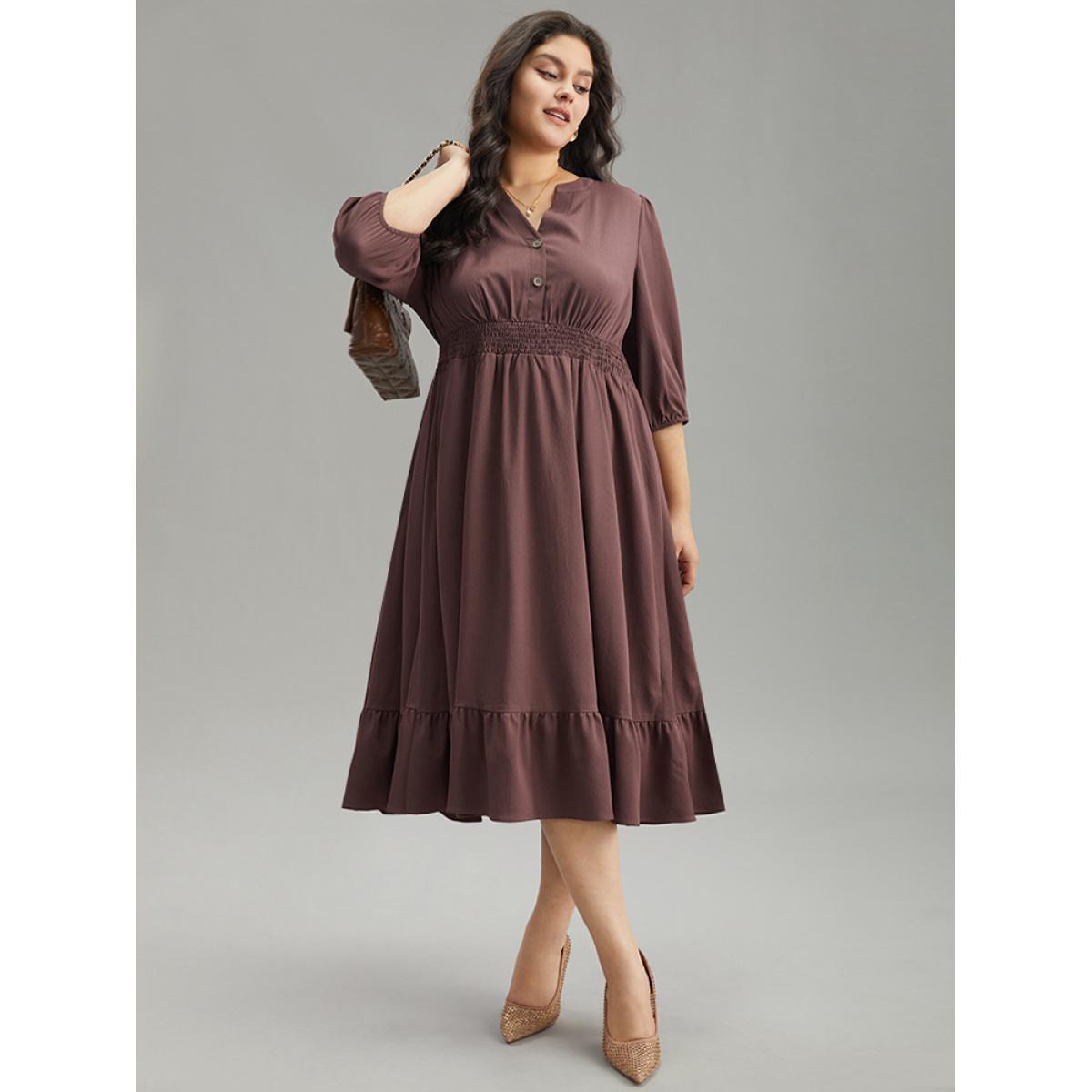 Plus Size Solid Notched Lantern Sleeve Shirred Dress Eggplant Women Office Elastic cuffs Notched collar Elbow-length sleeve Curvy Midi Dress BloomChic 18-20/2X Product Image