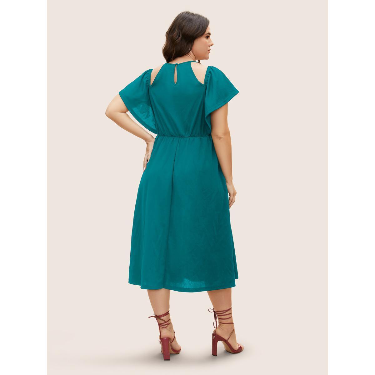 Plus Size Cold Shoulder Flutter Sleeve Midi Dress Teal Women At the Office Gathered Round Neck Short sleeve Curvy BloomChic 10/M Product Image