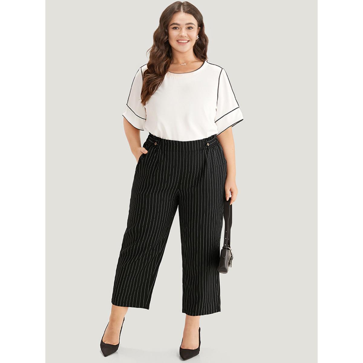 Plus Size Striped Button Detail Pocket Pleated Pants Women Black Office Straight Leg High Rise Work Pants BloomChic 26/4X Product Image