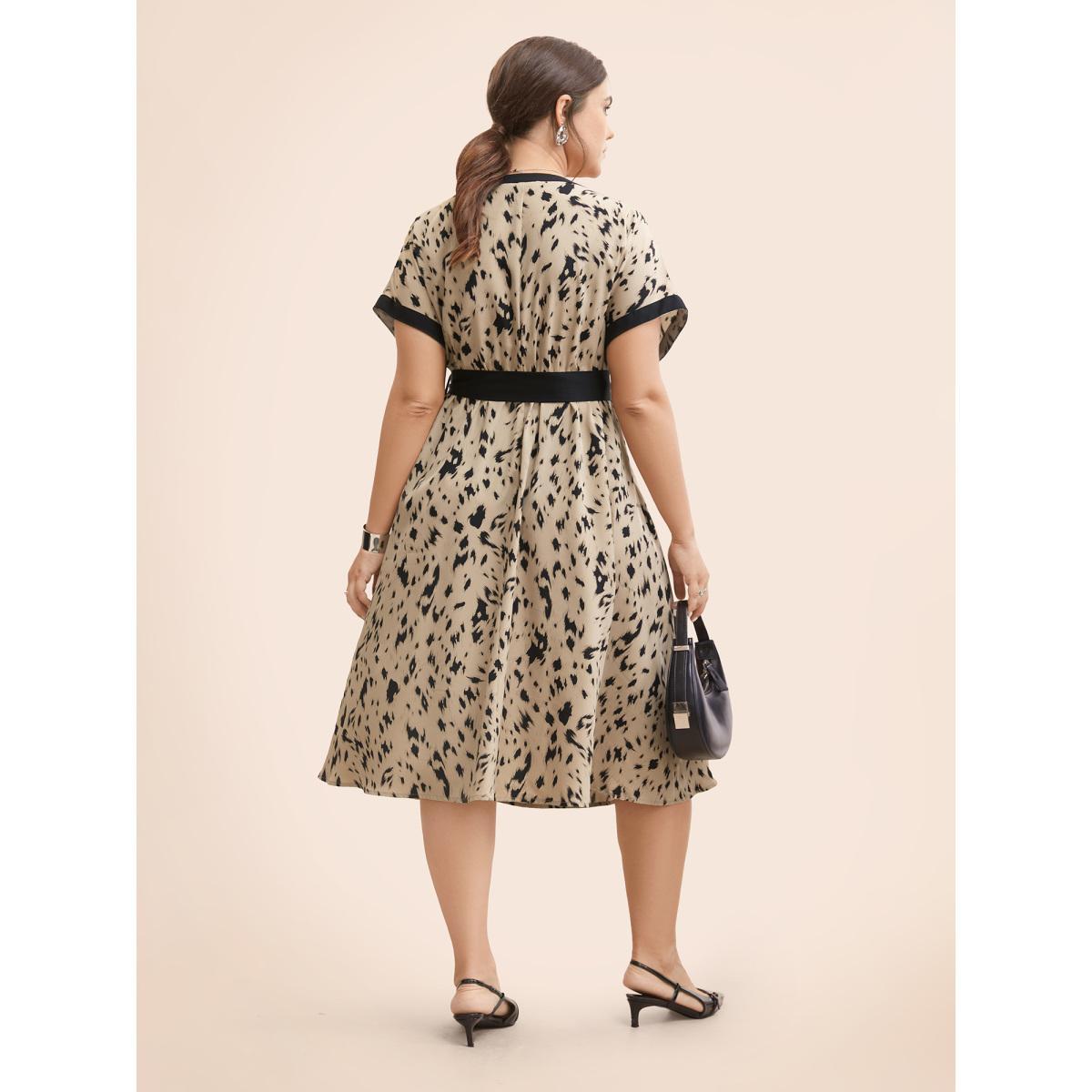 Plus Size Leopard Print Contrast Trim Dolman Sleeve Dress Leopard Women At the Office Belted Round Neck Short sleeve Curvy BloomChic 12/L Product Image