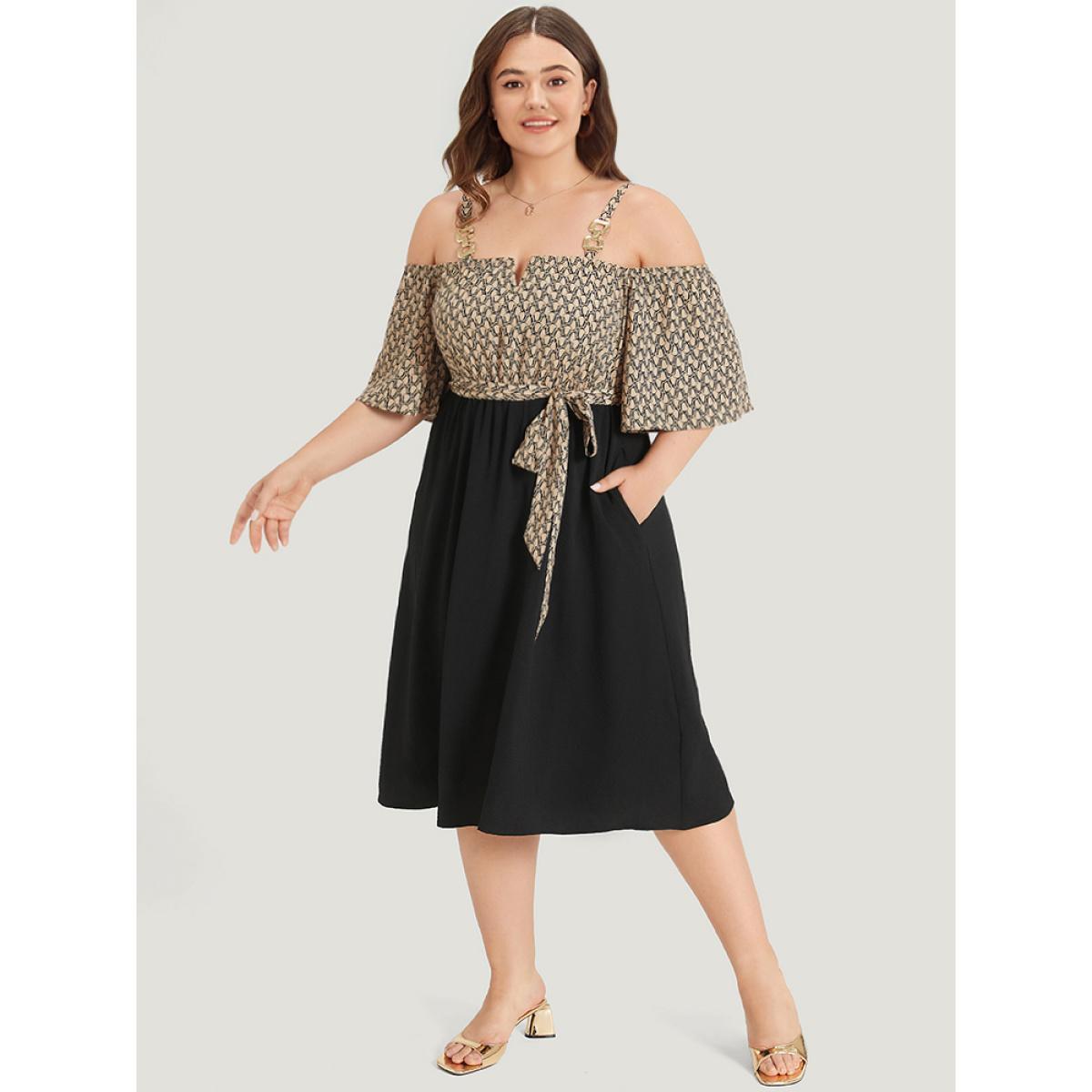 Plus Size Geometric Patchwork Pocket Belted Cold Shoulder Dress Tan Women Office Adjustable Straps Keyhole Cut-Out Half Sleeve Curvy Knee Dress BloomChic 18-20/2X Product Image