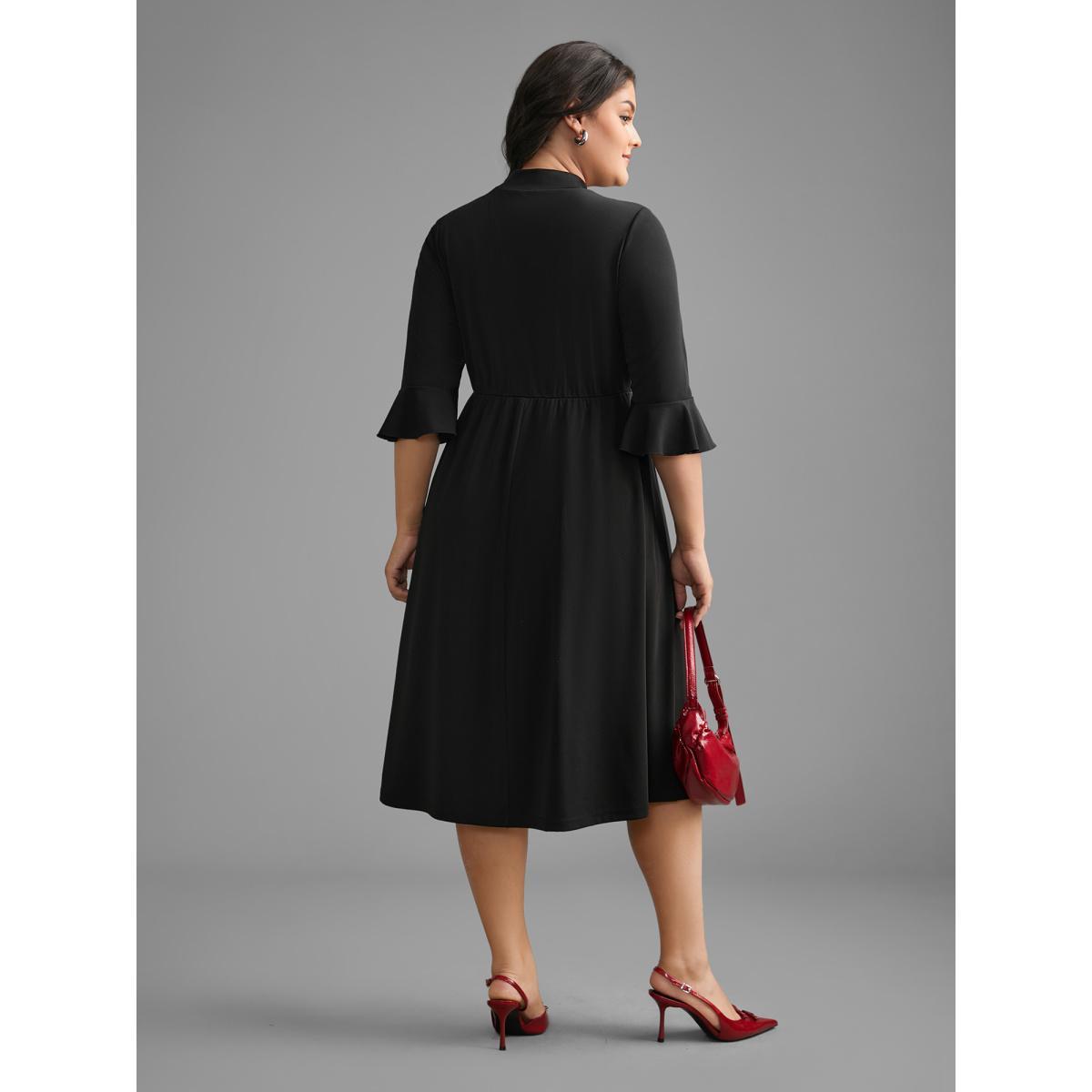 Plus Size Mock Neck Flutter Sleeve Knit Dress Black Women At the Office Ruffles Knit Dresses Bloomchic 14-16/1X Product Image