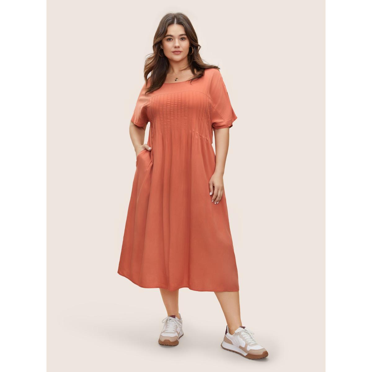 Plus Size Plain Pleated Pocket Rayon Midi Dress Coral Women Casual Non Round Neck Short sleeve Curvy Midi Dress BloomChic 10/M Product Image