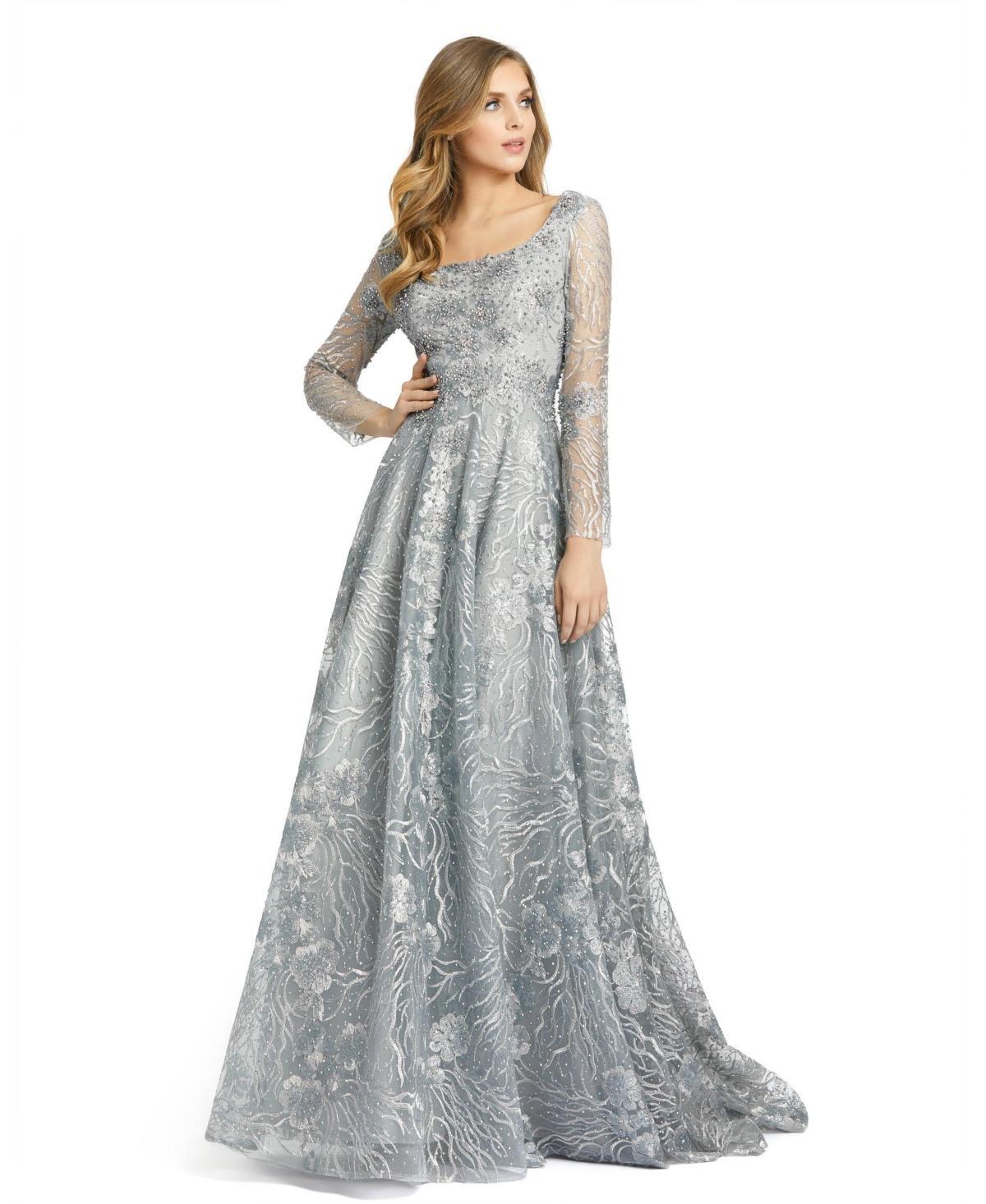 Mac Duggal Long Sleeve Fully Lined Scoop Neck Floral Beaded Gown Product Image