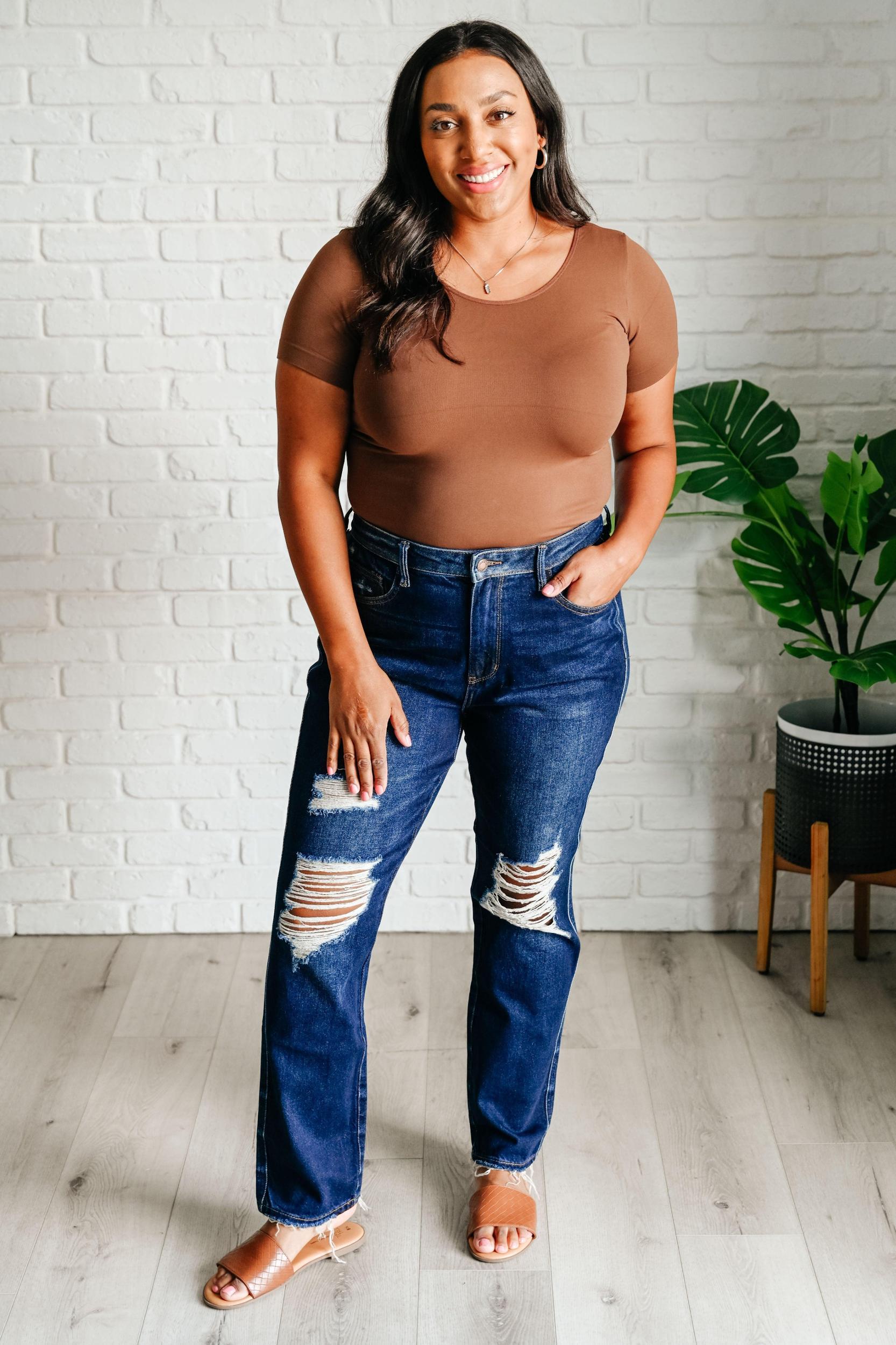 Judy Blue Rigid Magic Distressed Dark Wash Straight Jeans Product Image