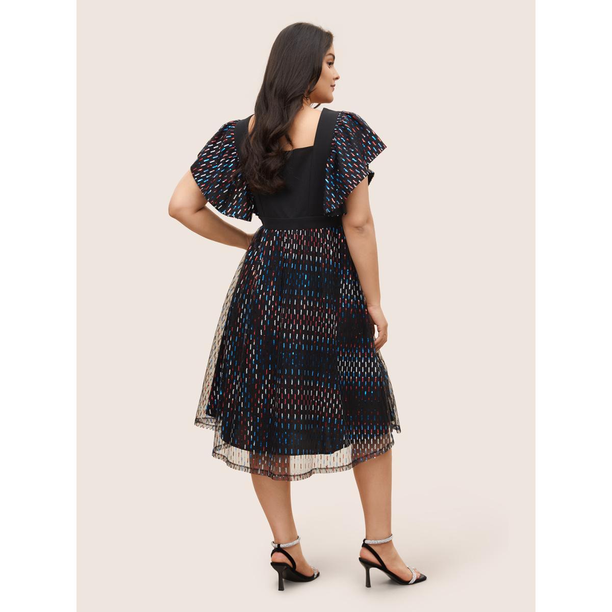 Plus Size Sequin Patchwork Pocket Flutter Cap Sleeve Dress Black Women Cocktail See through V-neck Cap Sleeve Curvy Midi Dress BloomChic 30/6X Product Image