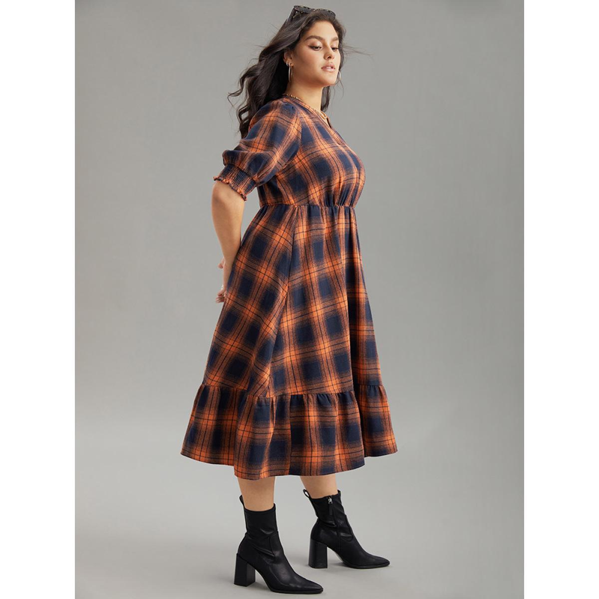 Plus Size Plaid Shirred Ruffles Pocket Dress Orange Women Elegant Printed V-neck Short sleeve Curvy Midi Dress BloomChic 28/5X Product Image