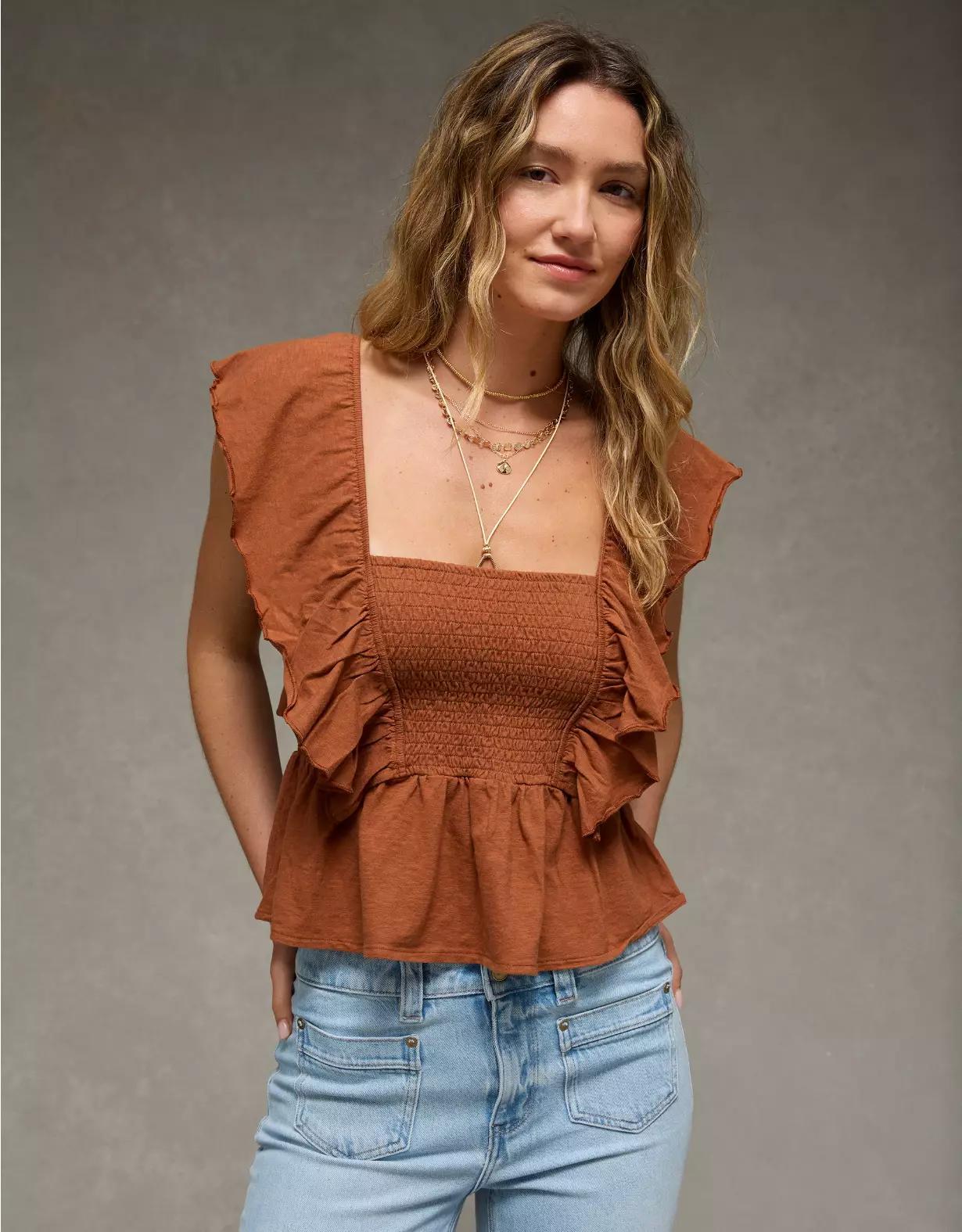 AE Sunchaser Knit Flutter Sleeve Babydoll Shirt Product Image
