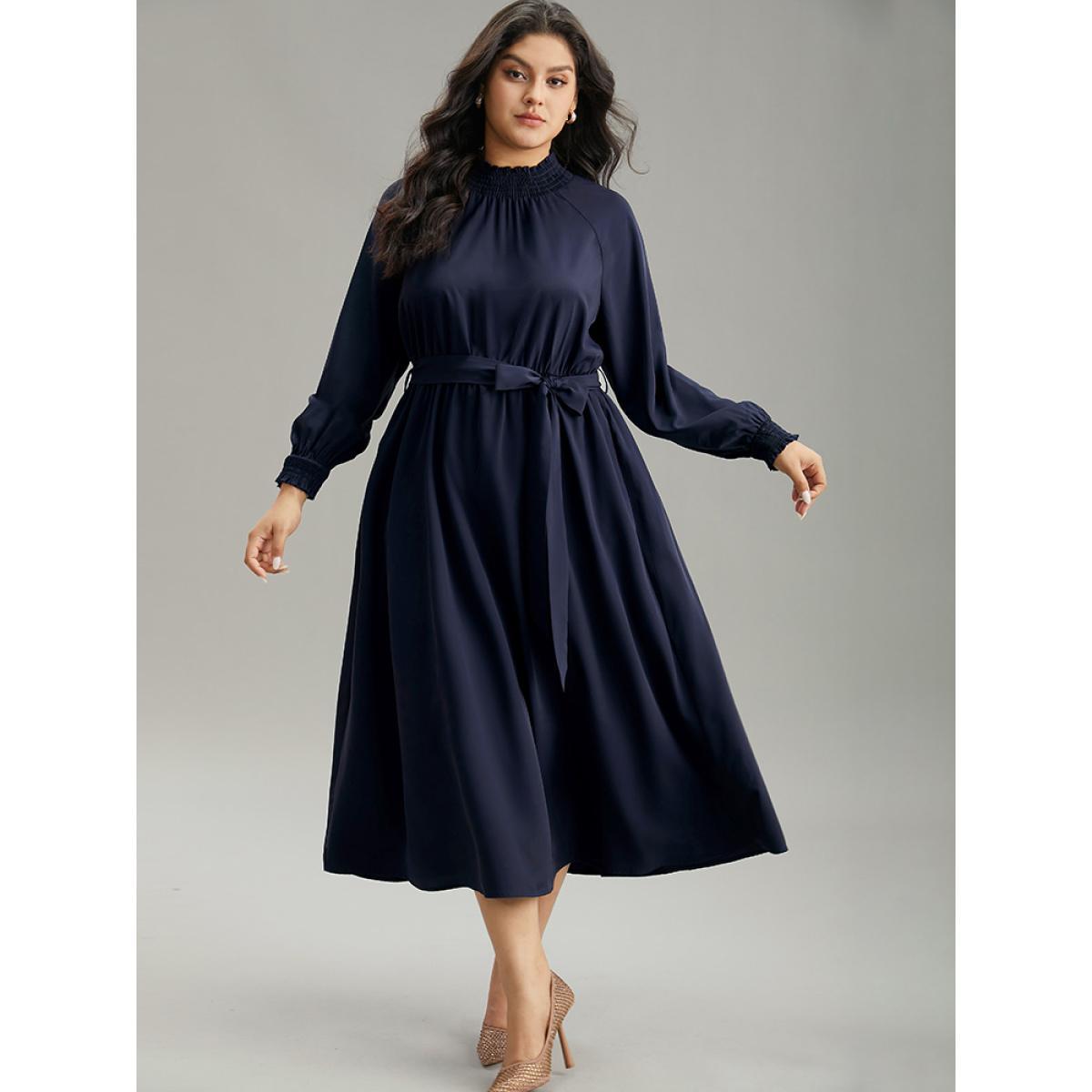 Plus Size Anti-Wrinkle Plain Shirred Mock Neck Belted Dress DarkBlue Women Elegant Elastic cuffs Mock Neck Long Sleeve Curvy Midi Dress BloomChic 18-20/2X Product Image